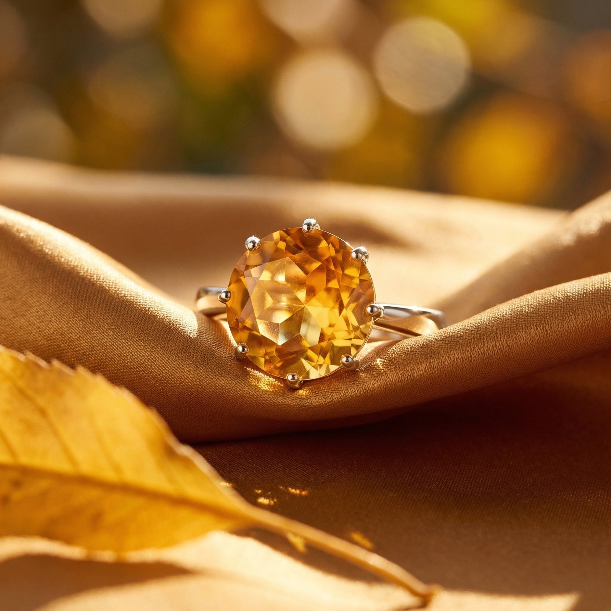 Close-up of a 13mm round-cut natural citrine in a six-prong sterling silver setting on golden fabric.