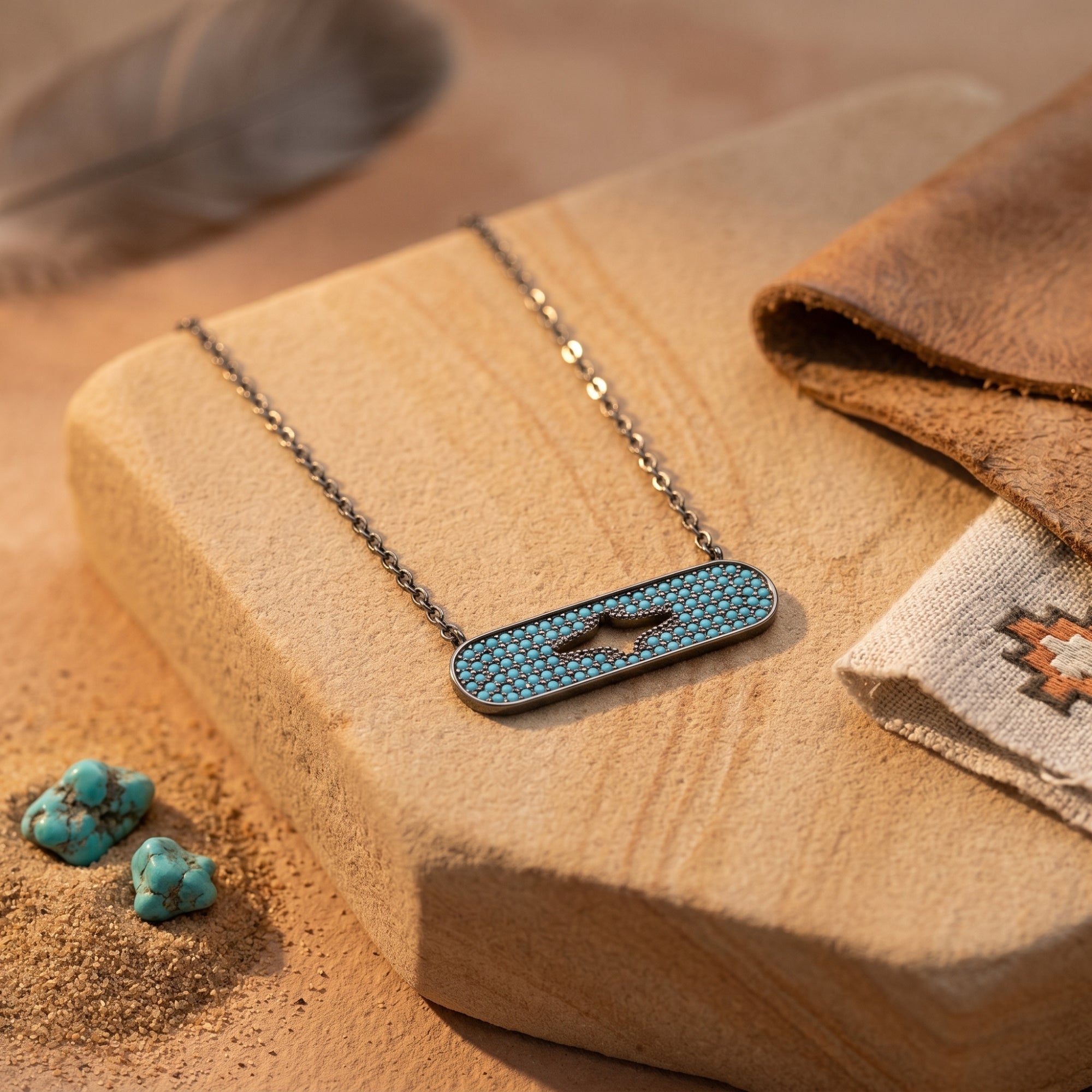 Close-up of the Chaco turquoise bar necklace showing the intricate stone setting and sterling silver chain.