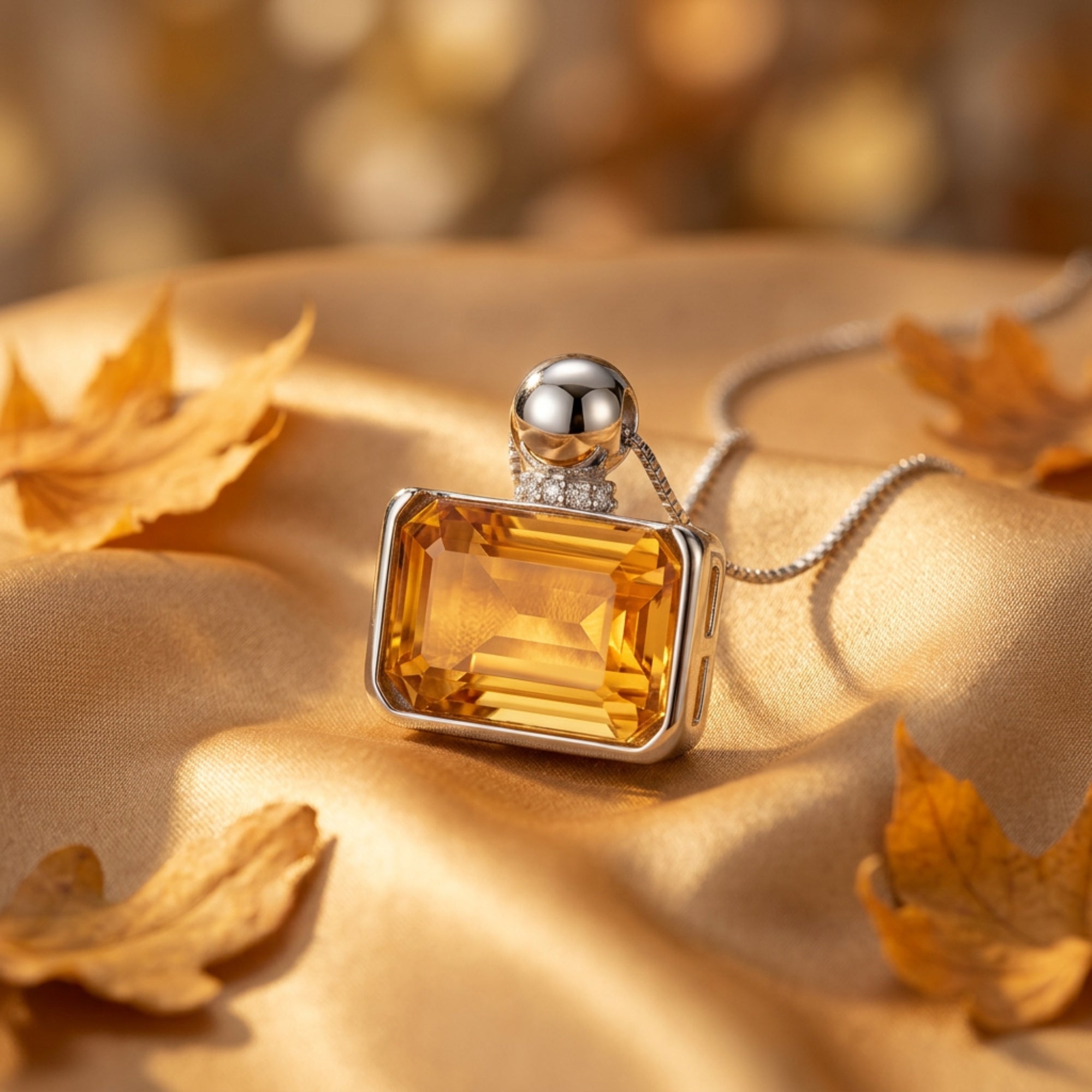 Macro view of the emerald cut citrine pendant, highlighting the stone's hall of mirrors effect and silver bail.
