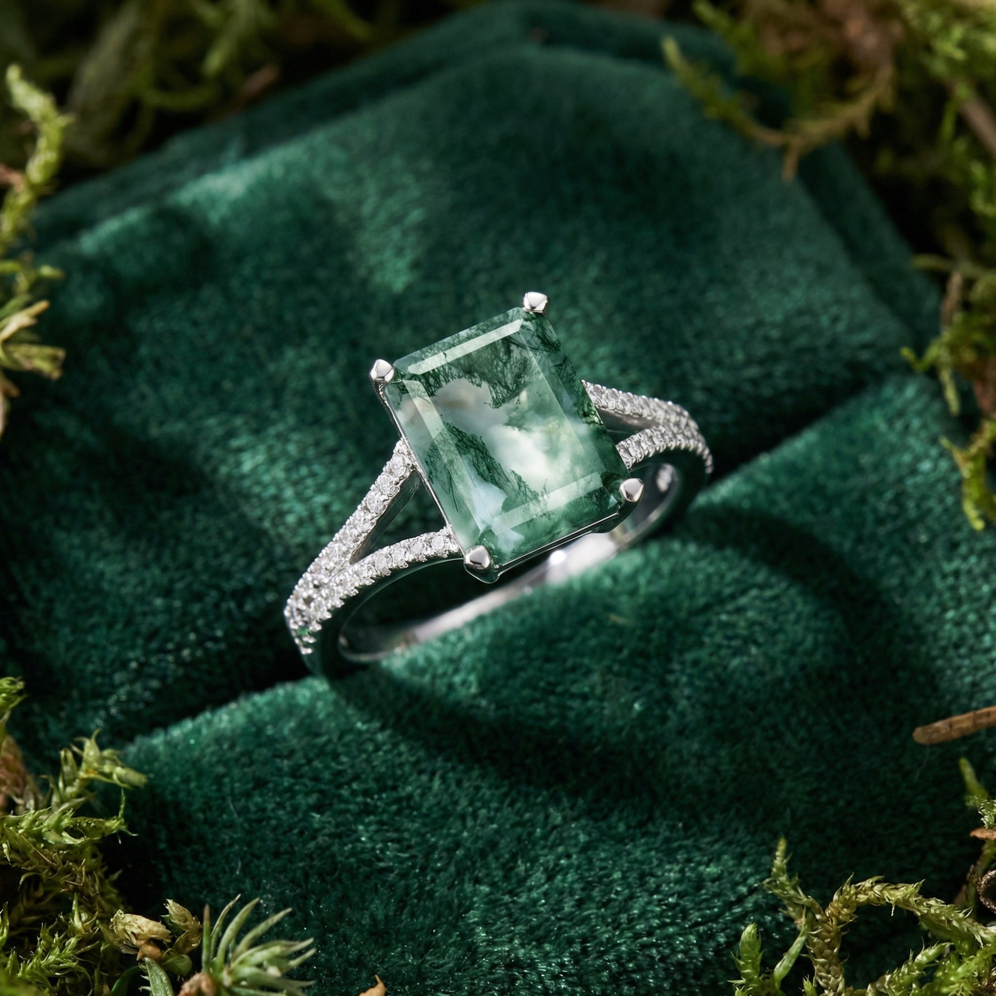 Close-up of a cushion cut moss agate stone and diamond-accented sterling silver split shank on green velvet.