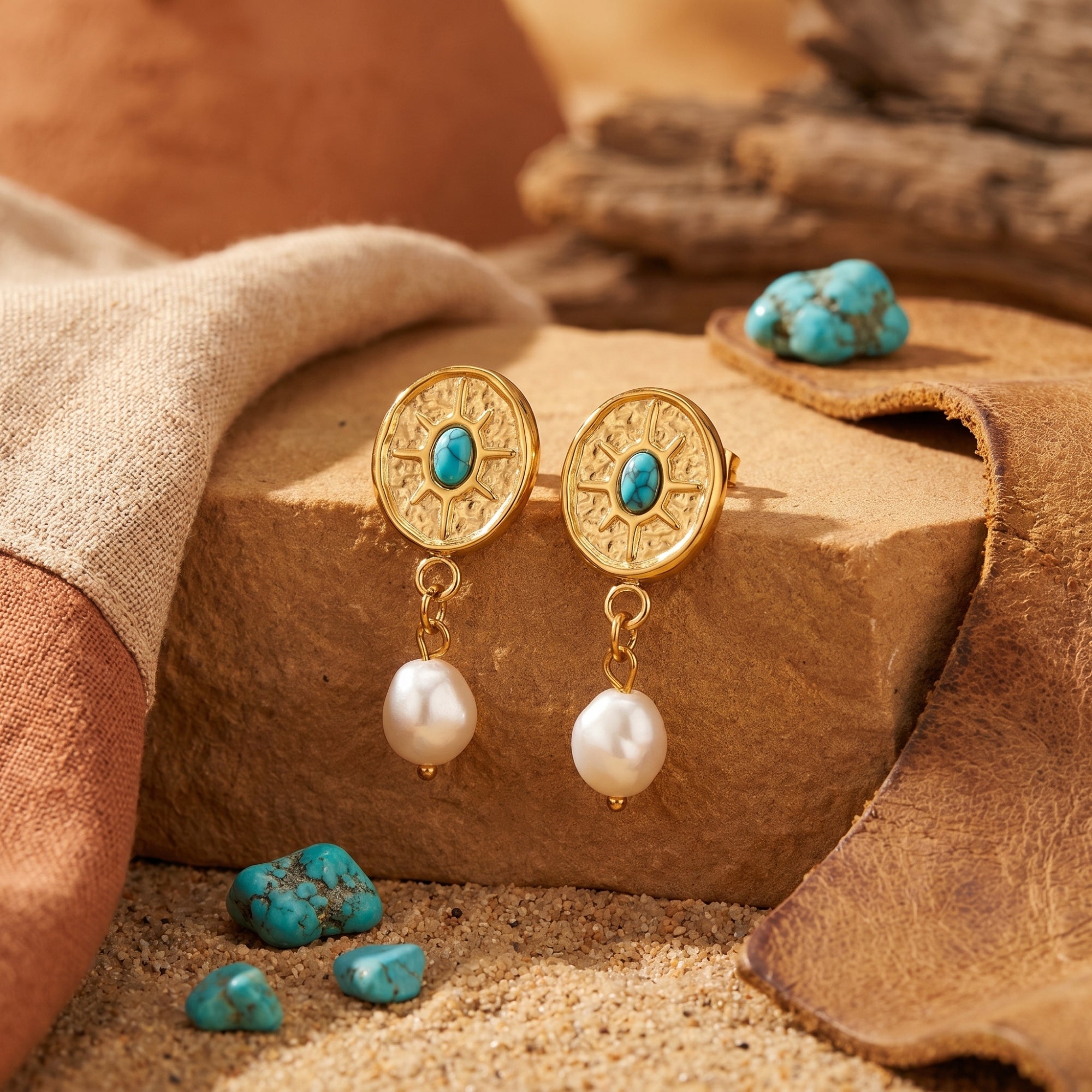 Pair of gold sunburst drop earrings with turquoise centers and pearl drops standing on a rustic stone display.