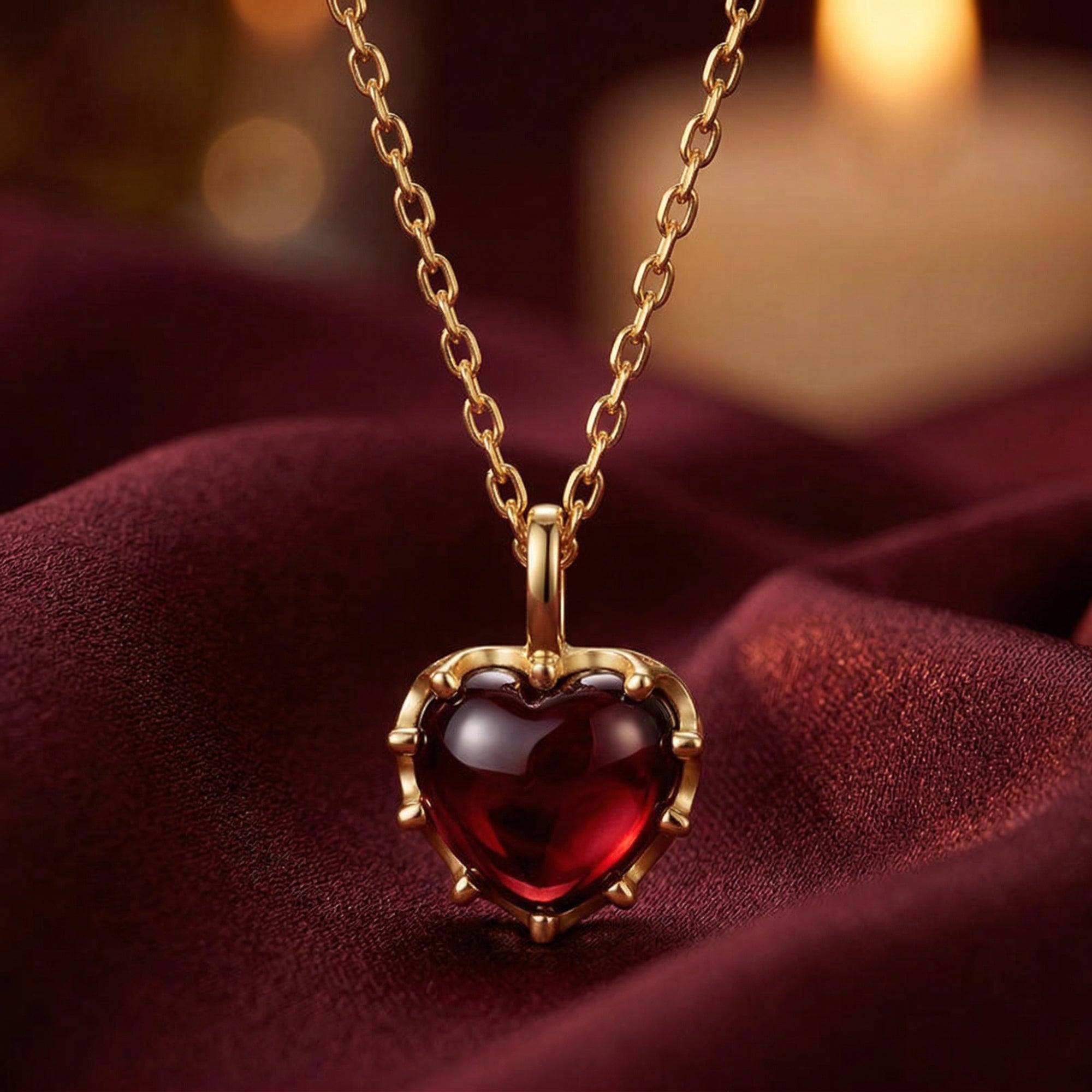 Close-up of a heart-cut red garnet pendant on a yellow gold chain, showing the intricate prong setting.