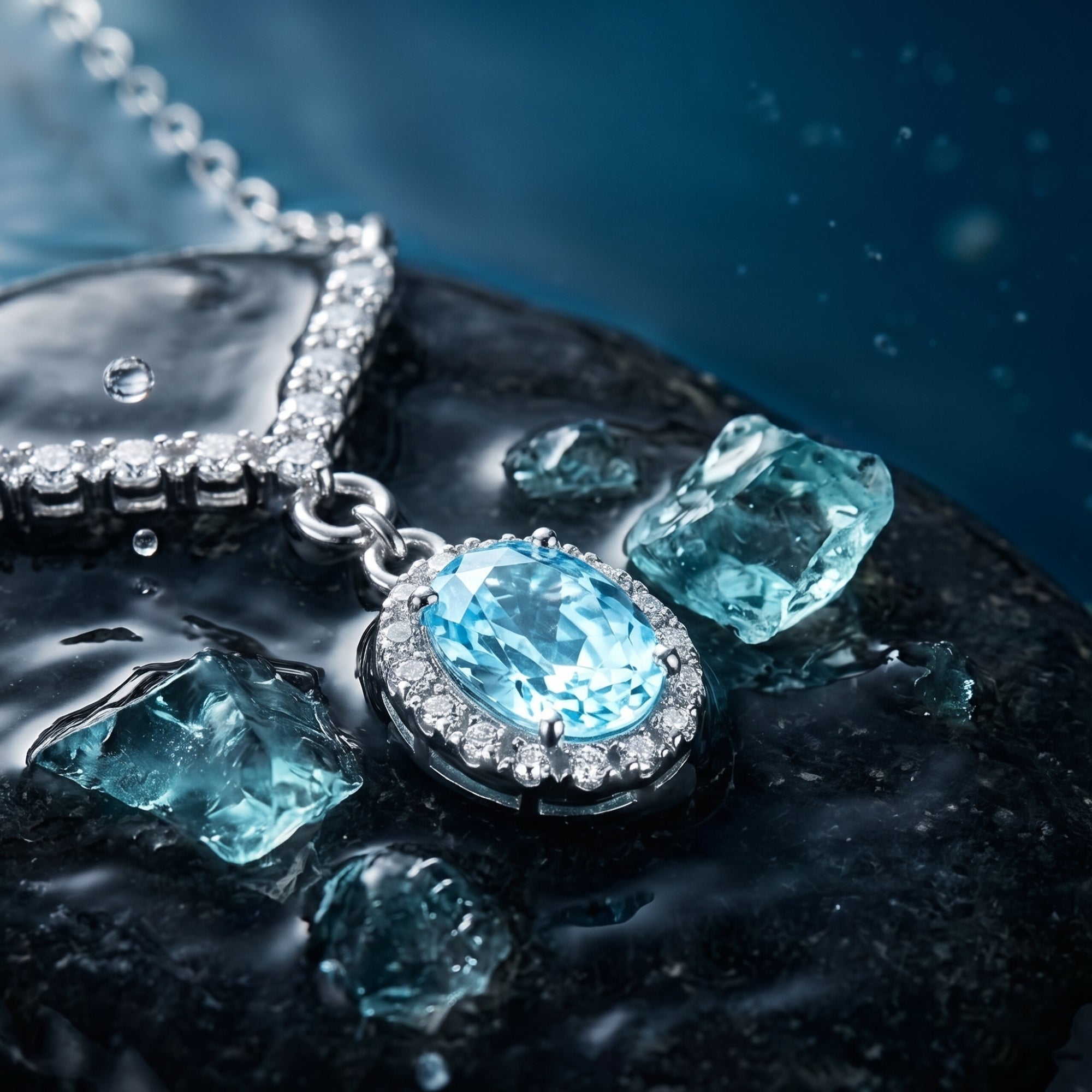 Close-up of an oval-cut aquamarine halo pendant necklace resting on a wet stone with raw crystals.