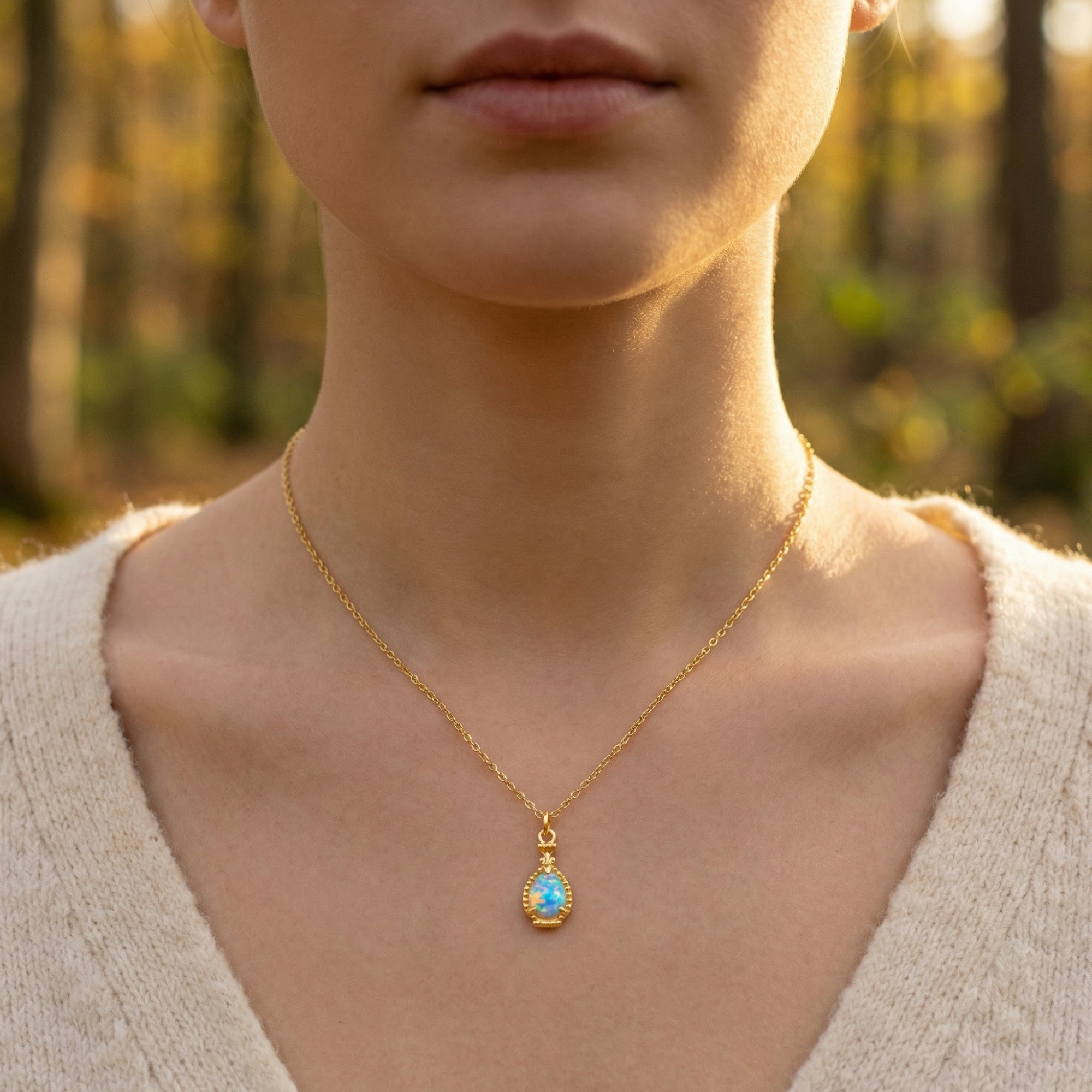 Front view of a model wearing the gold-tone pear cut natural opal pendant necklace with a cream sweater.