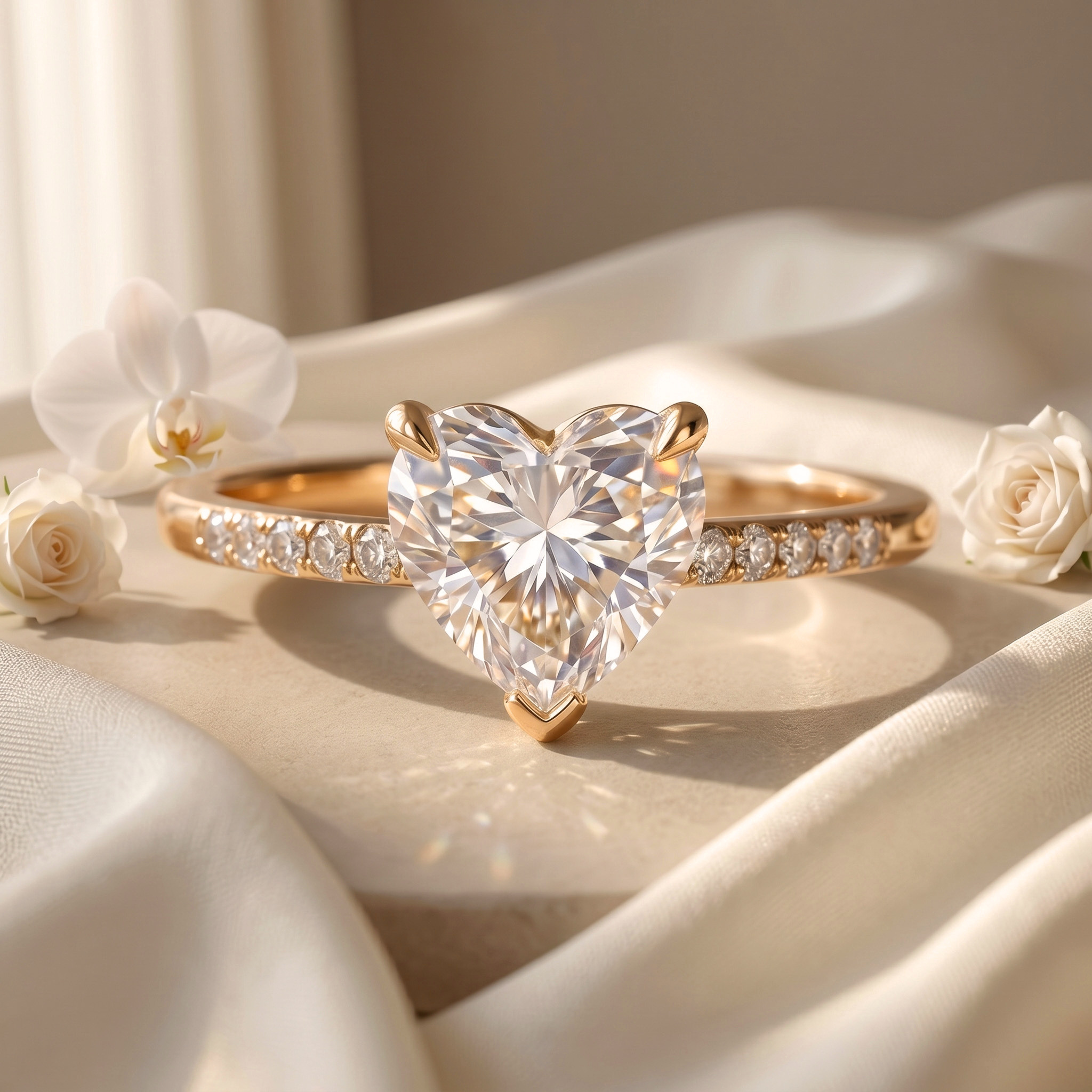 A front-facing flat lay of a heart-shaped moissanite ring crafted in rose gold.