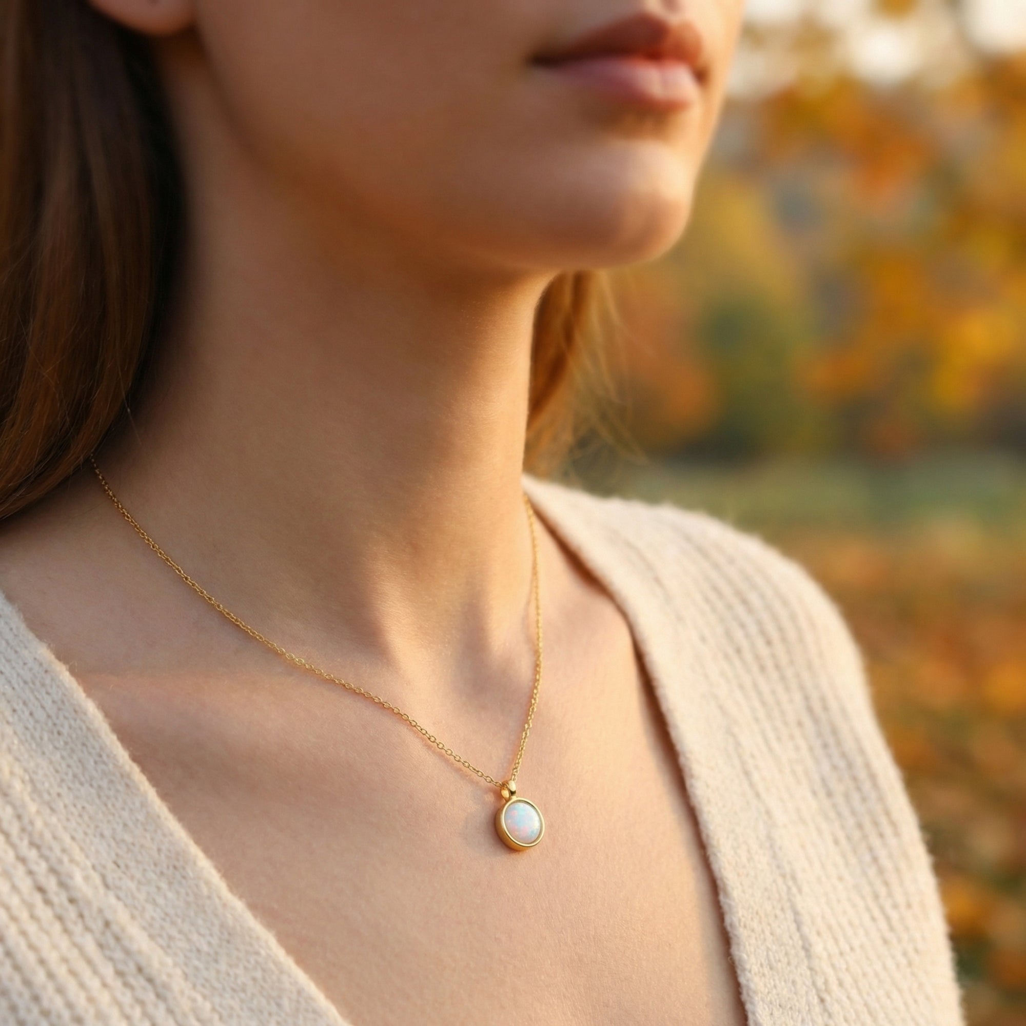 Side view of a model wearing the gold finish round cut white opal necklace in natural light.