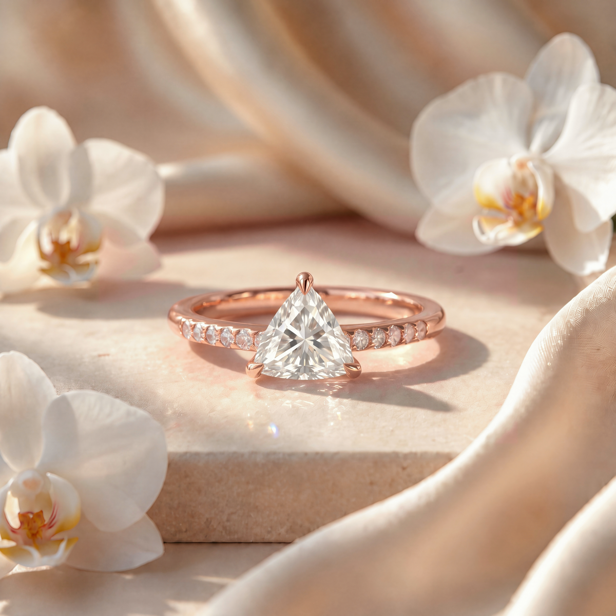 Frontal view of a rose gold trillion-cut moissanite engagement ring with a pave band.
