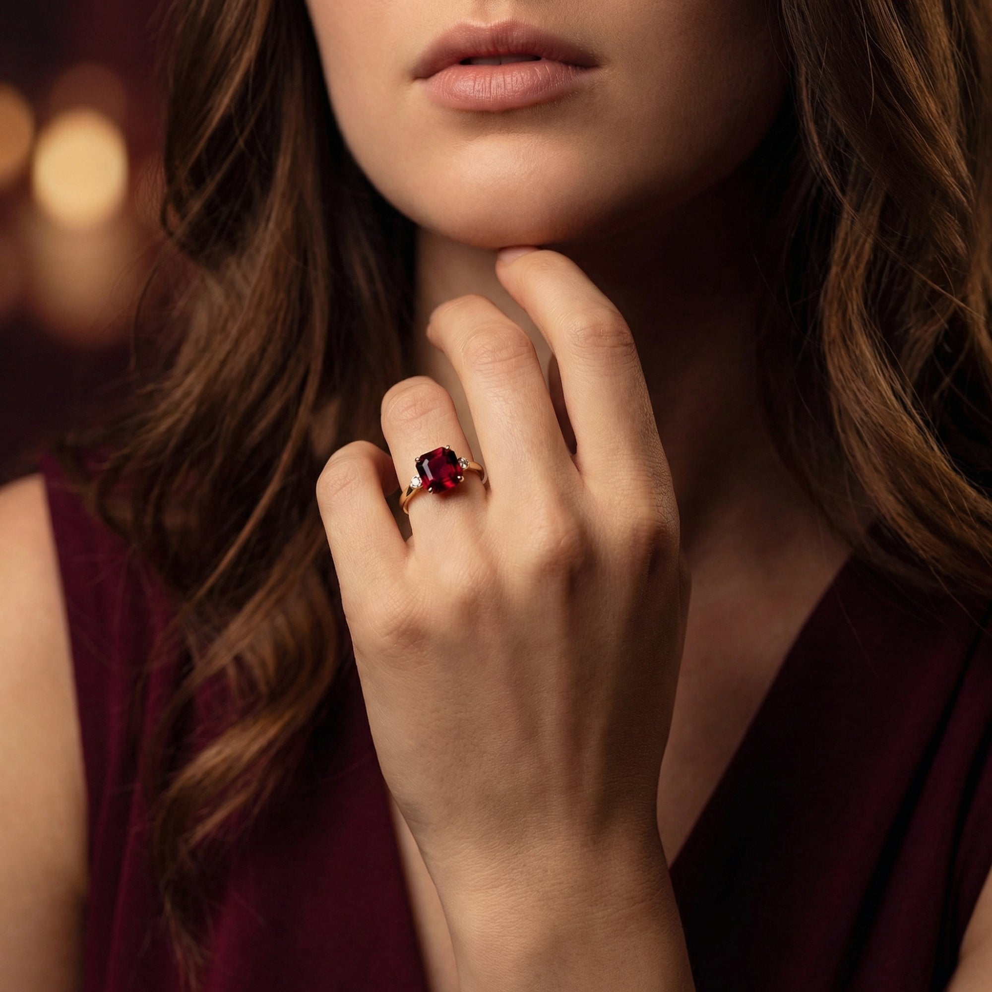 Model wearing the 18K yellow gold Vanguard ring featuring a large octagon garnet and side diamonds.