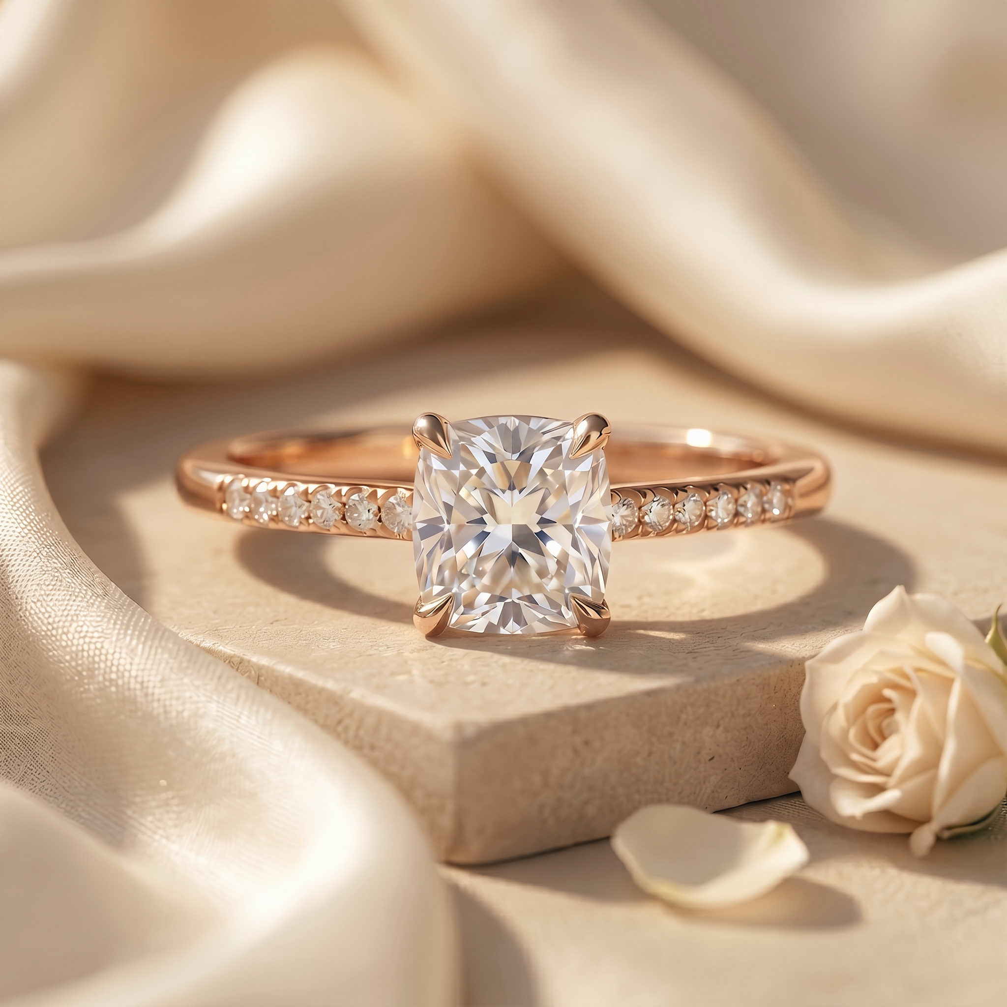 A rose gold cushion-cut moissanite engagement ring with a pavé band, presented on a natural beige stone.