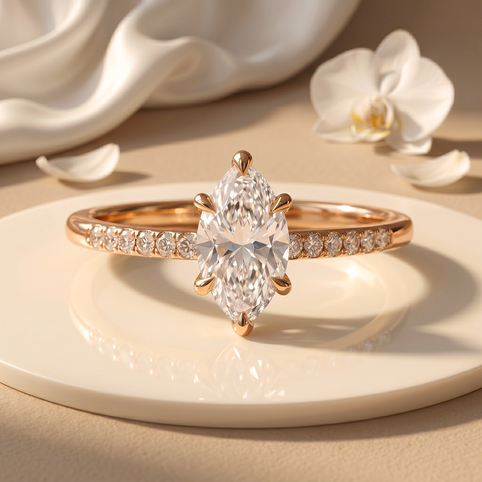 A gorgeous rose gold engagement ring with a marquise-cut moissanite centerpiece and a glittering accent band.