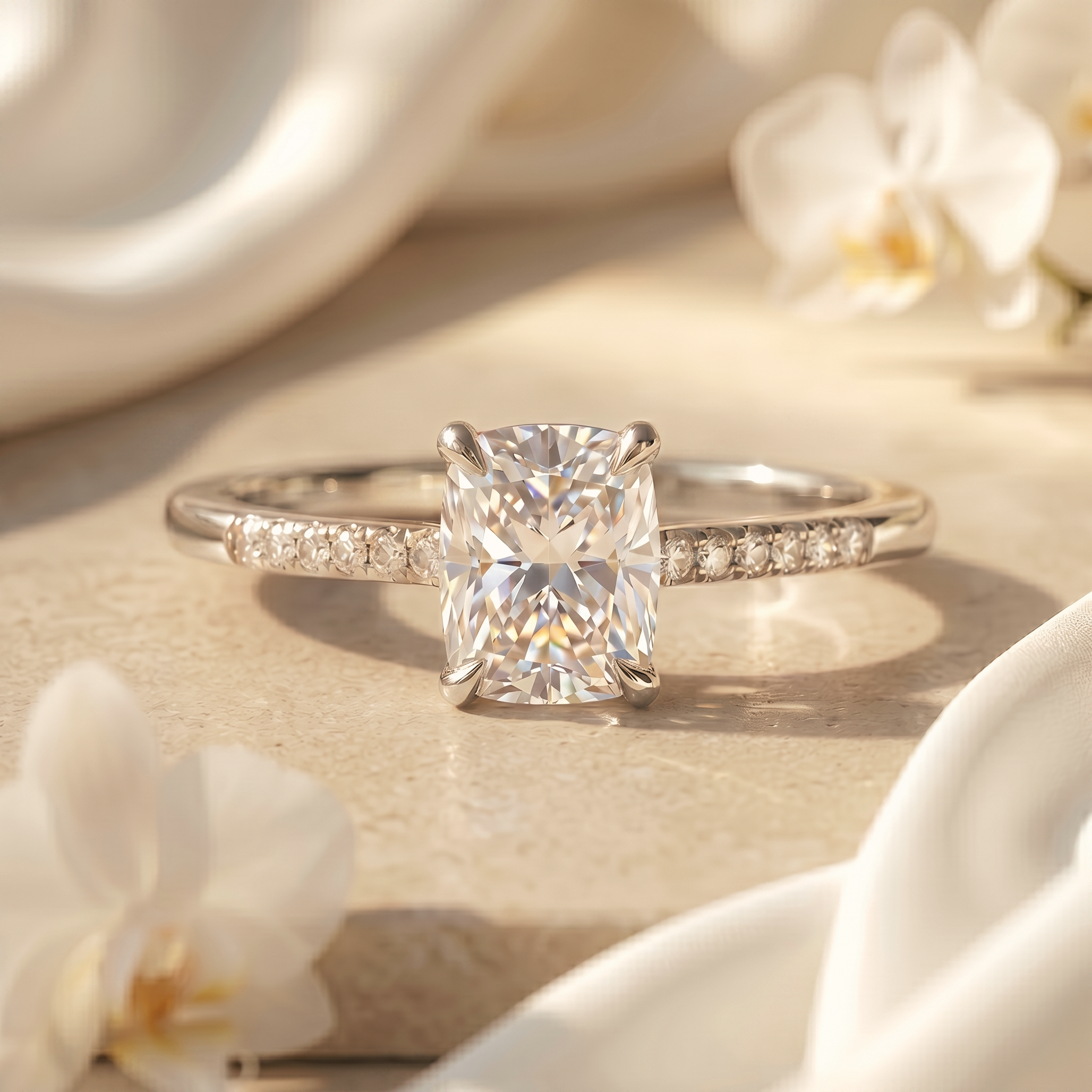 A cushion-cut moissanite engagement ring with a diamond pavé band in white gold.