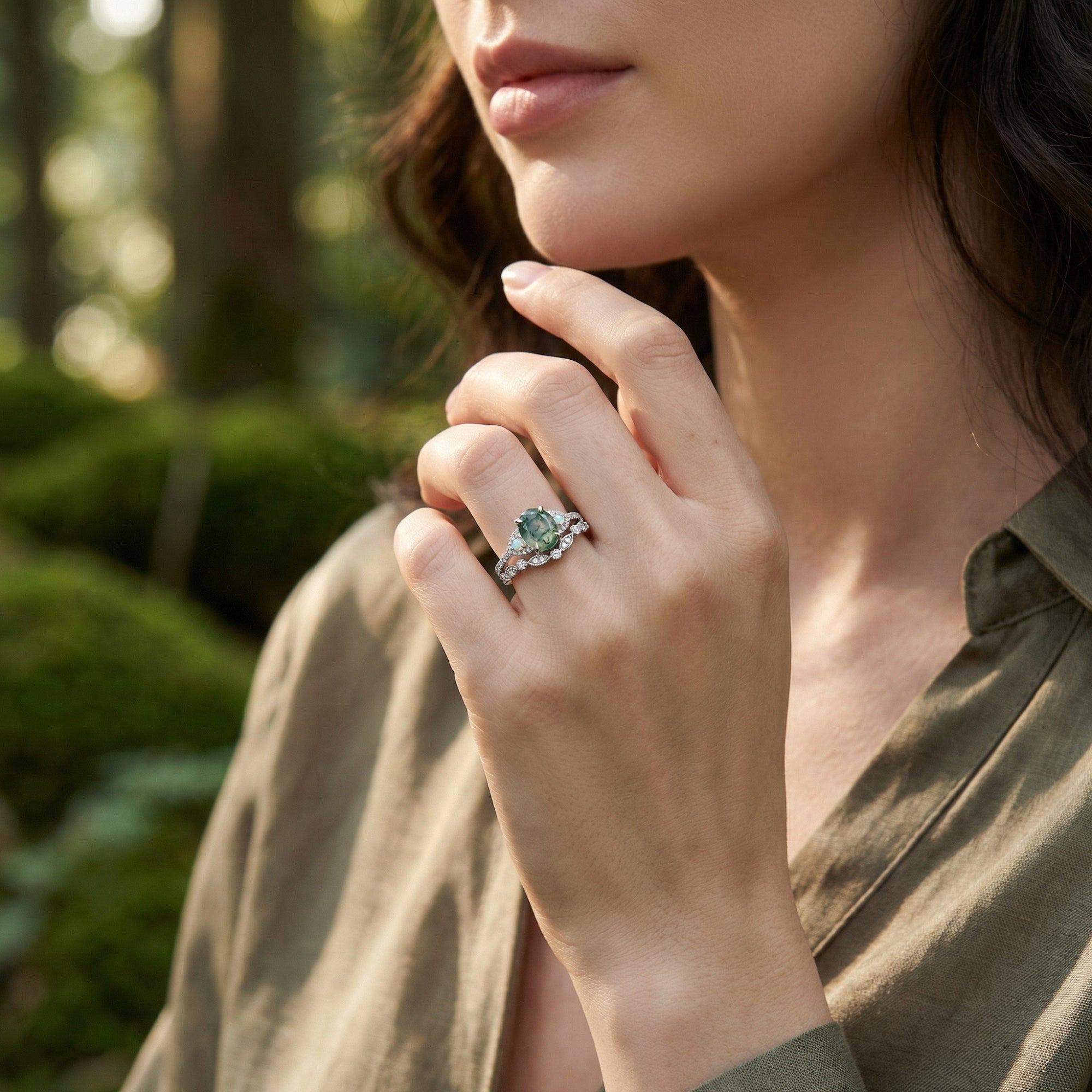 Model wearing a sterling silver oval moss agate ring set with a curved diamond band in a forest setting.