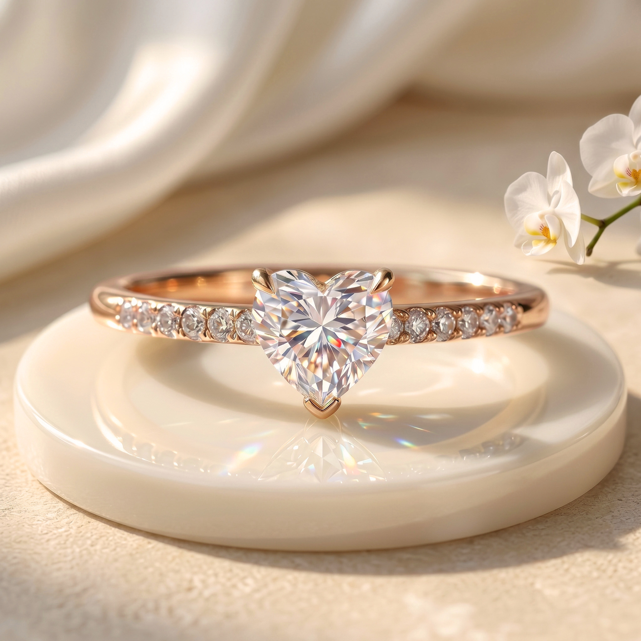 A rose gold engagement ring with a heart-shaped moissanite center stone and a pavé diamond band, resting on a ceramic display plate.