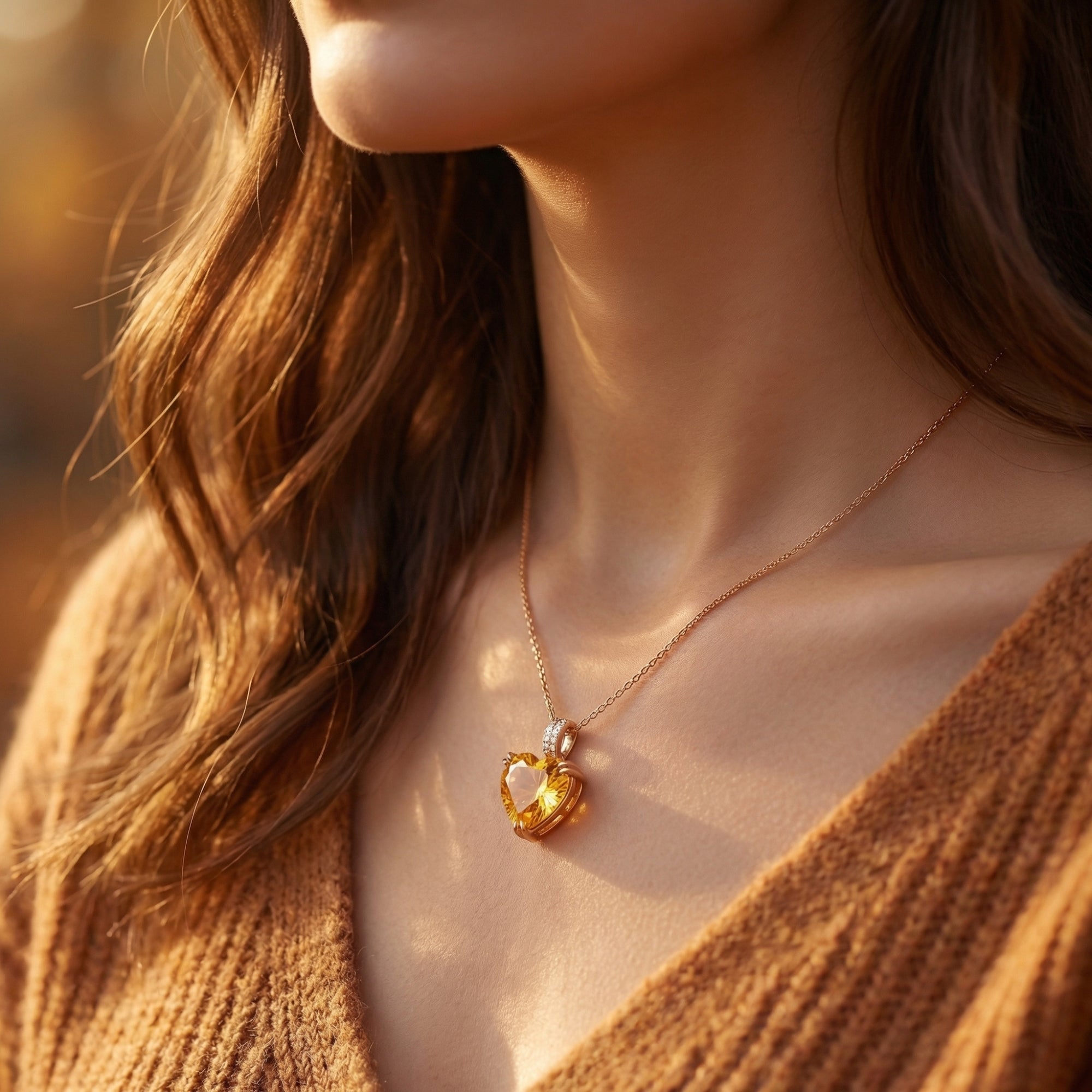 Heart-cut citrine necklace in 18K rose gold worn by a model in a brown sweater during golden hour.