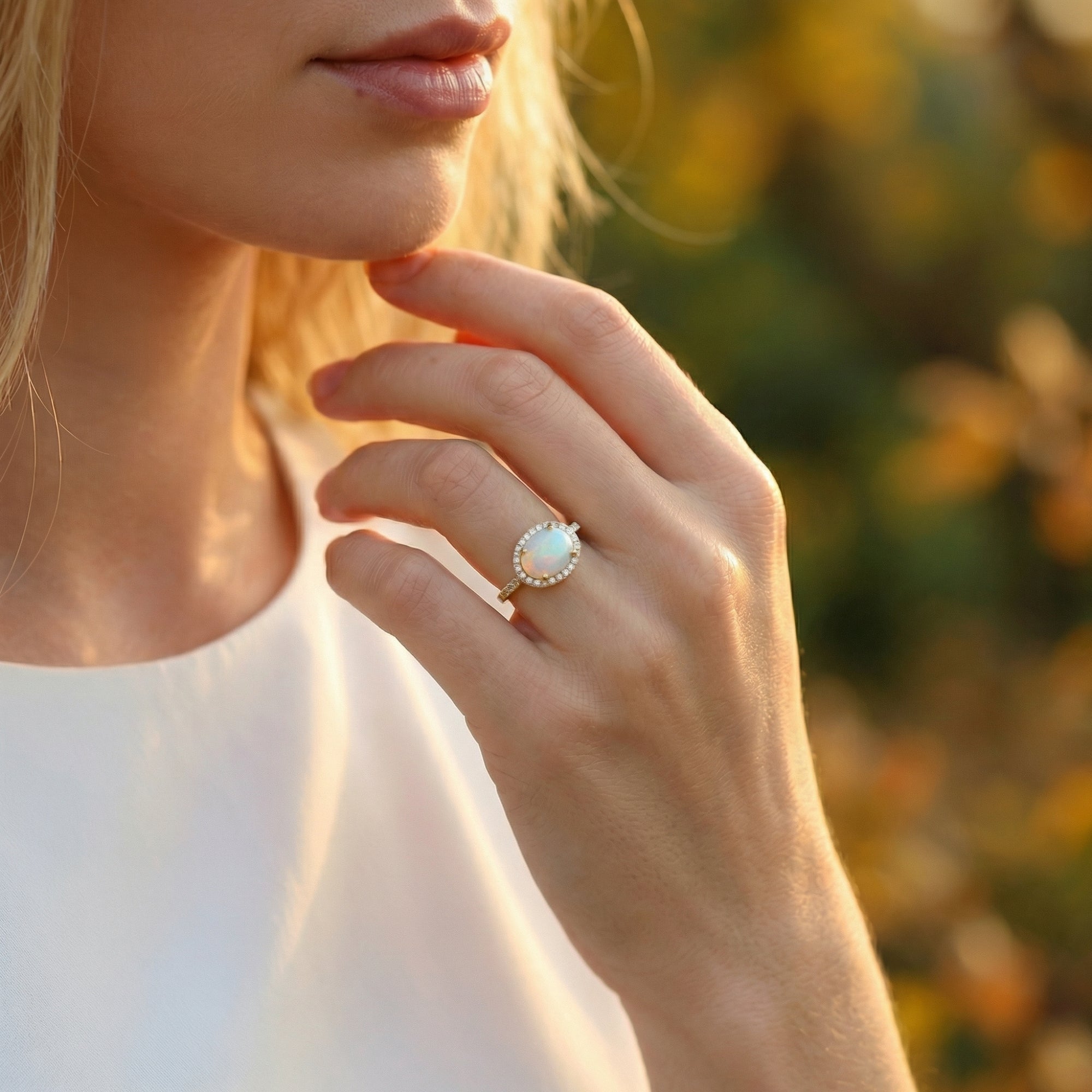 A woman wearing the gold vermeil Magnolia statement ring with an oval cut natural opal outdoors.