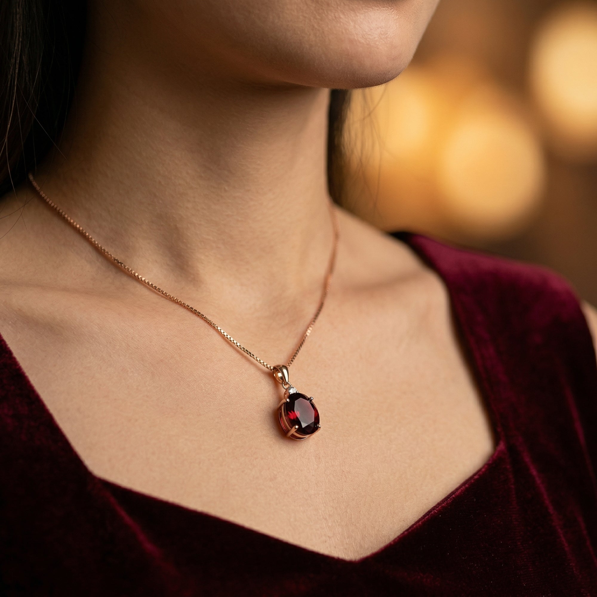 A woman wearing the 6ct oval garnet pendant necklace in 18K rose gold, showing the scale of the gemstone.