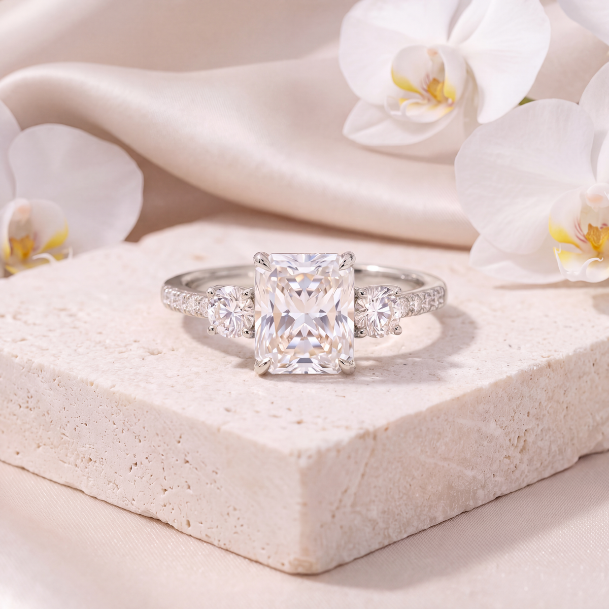 Radiant cut moissanite three-stone ring with round side stones in white gold.