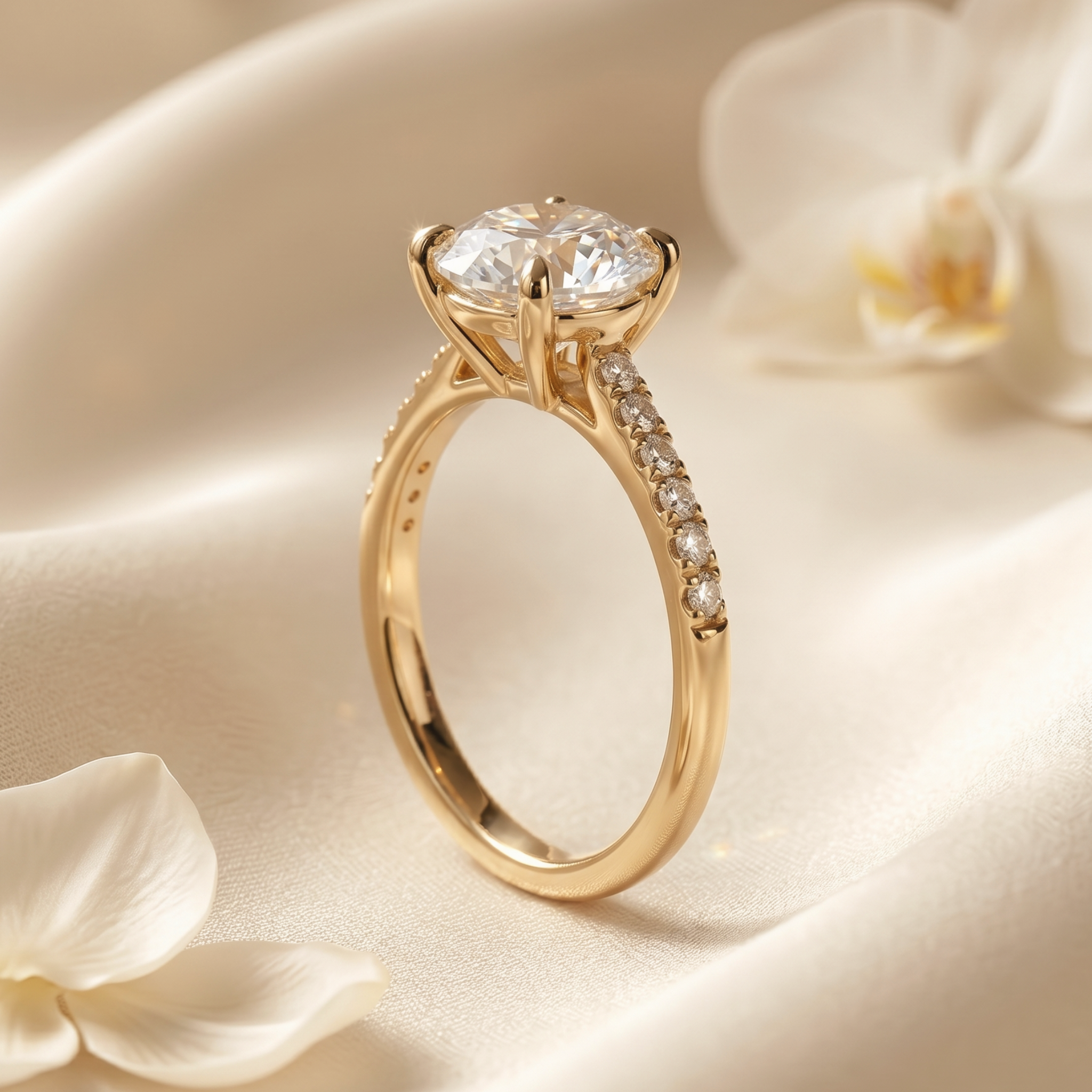 Side view profile of a yellow gold round-cut moissanite engagement ring, showcasing the high-prong setting.