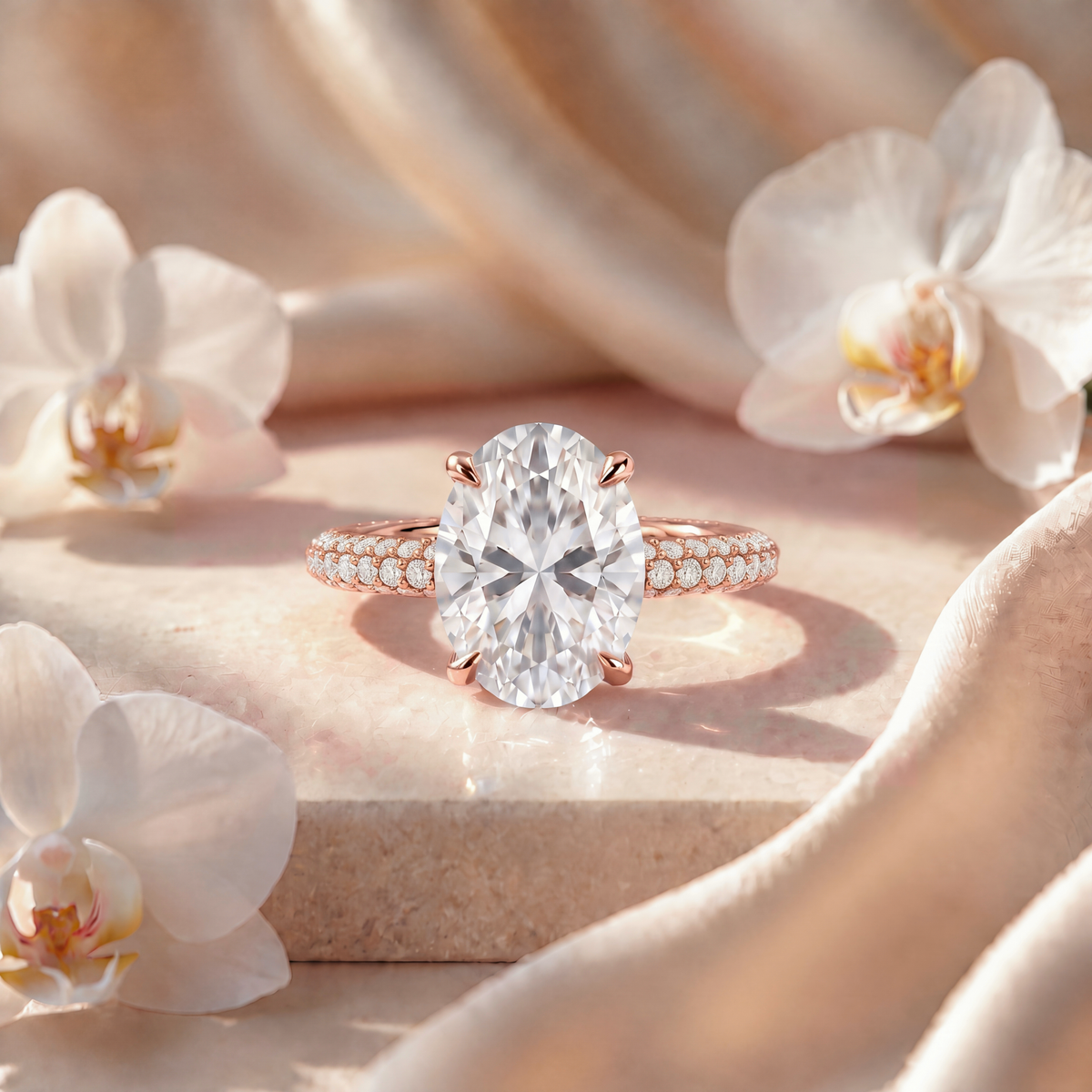 An oval-cut moissanite engagement ring featuring a multi-row pavé band set in rose gold, displayed on marble with orchids.