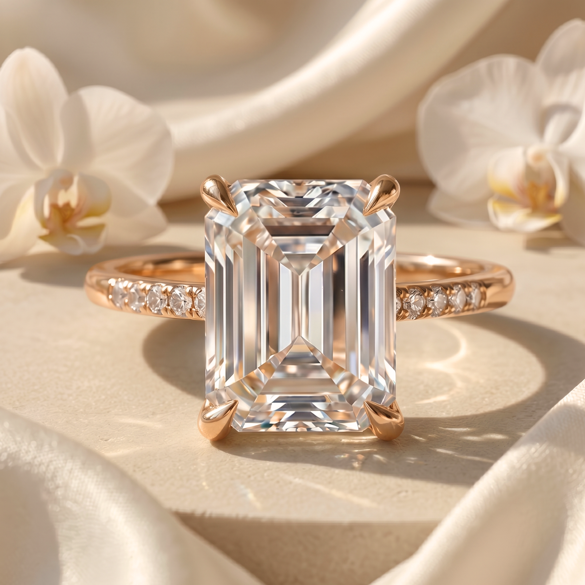 An elegant emerald cut moissanite engagement ring with a rose gold diamond-accented band, displayed on a cream surface.