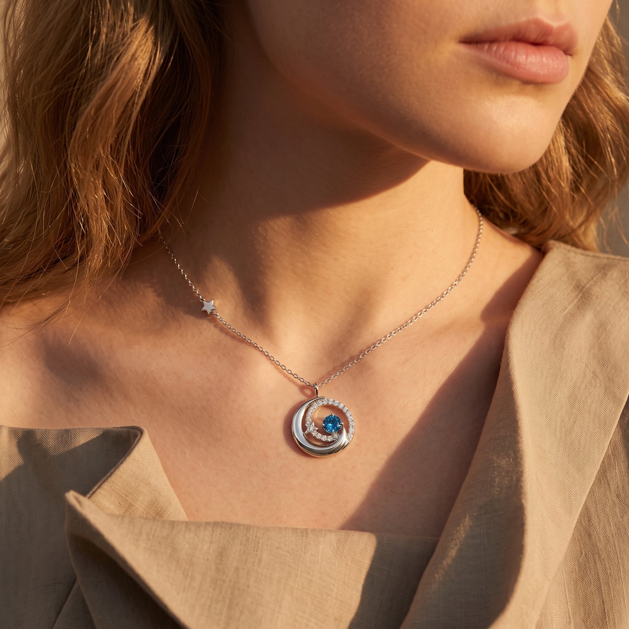 Solid gold crescent moon birthstone necklace with Zirconia stars, a celestial pendant.