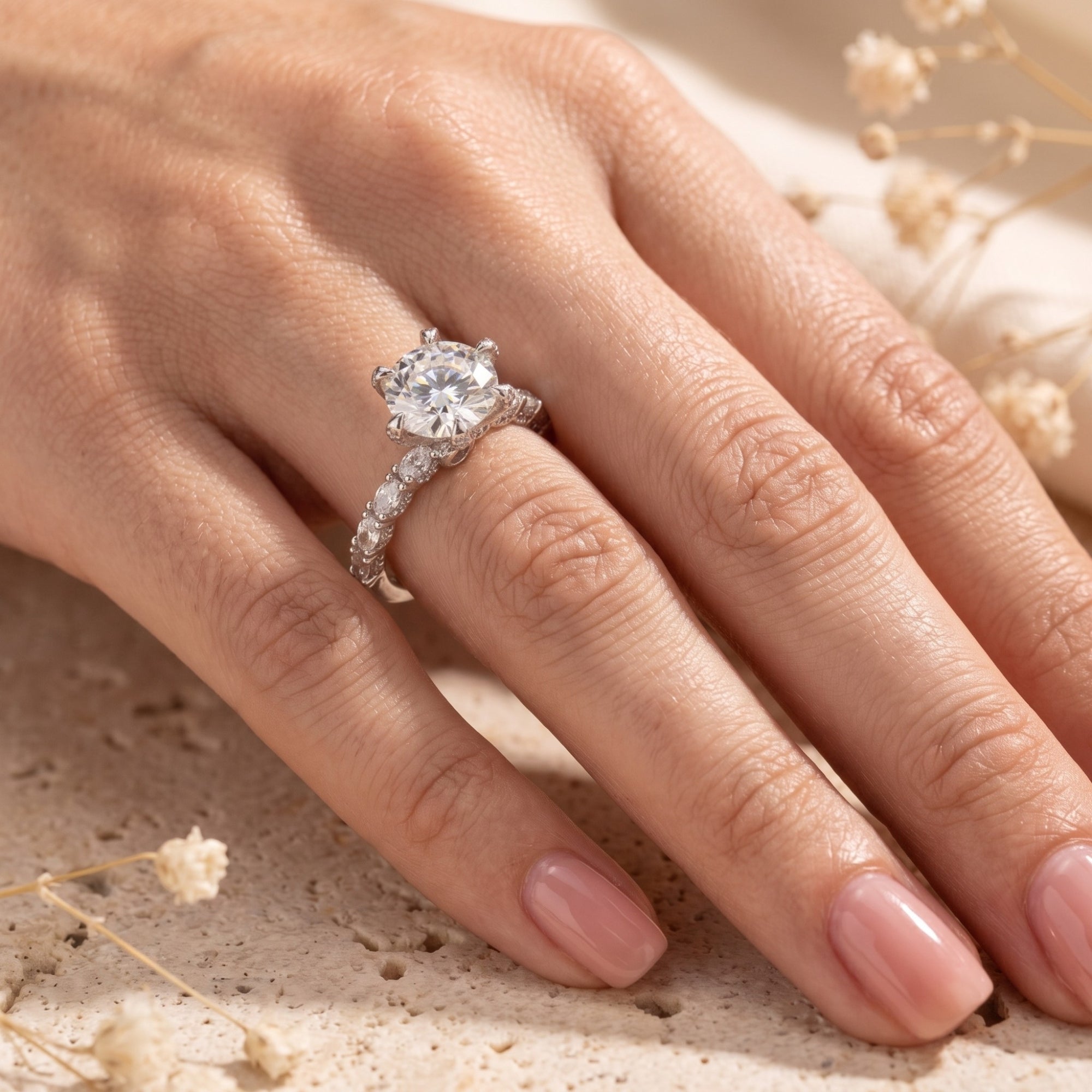 Round cut solitaire Stella ring in silver finish shown on a model's hand.