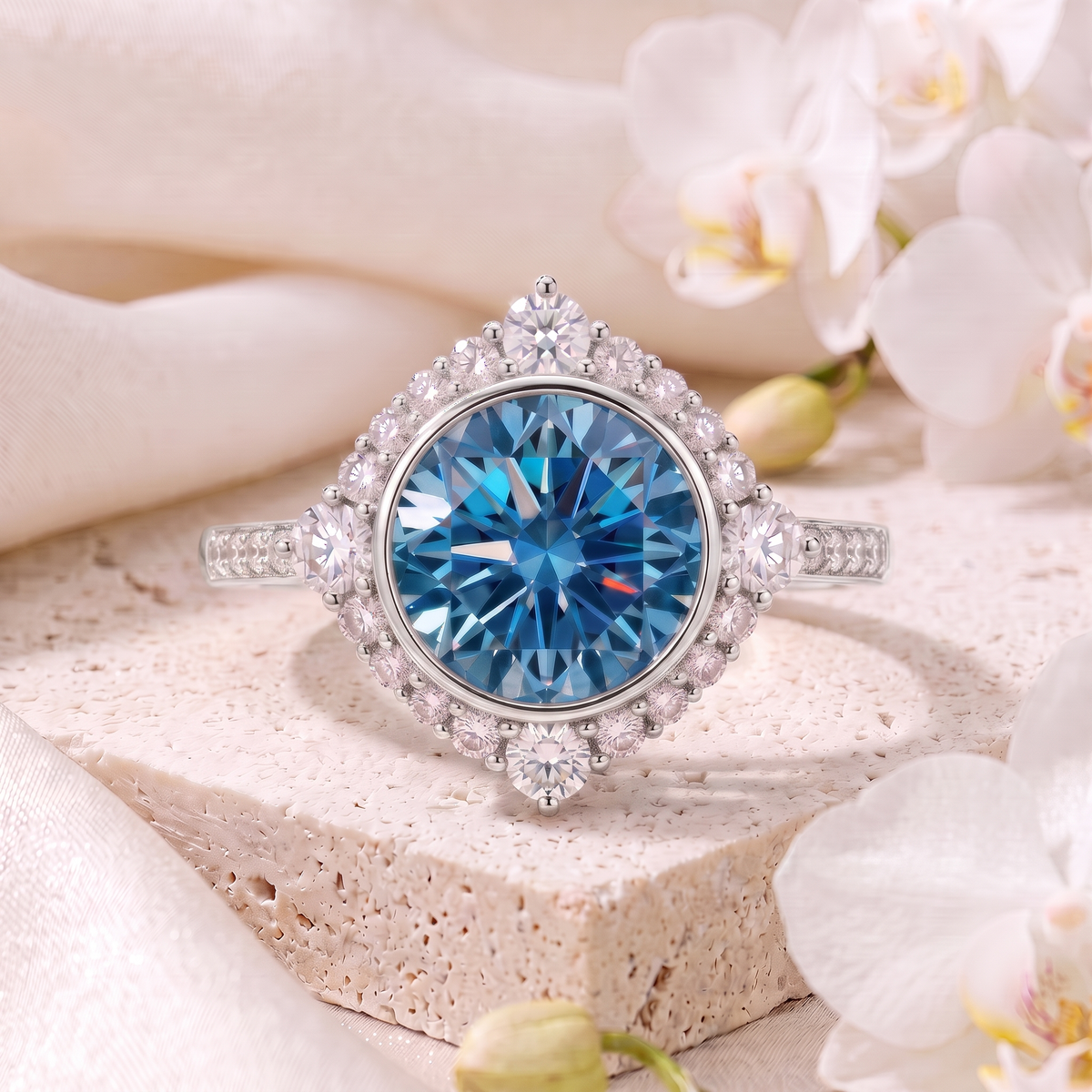 Round cut blue moissanite statement ring with geometric diamond halo in white gold.