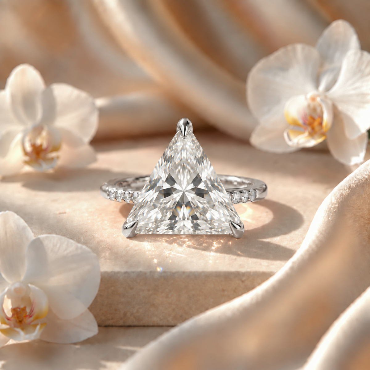 Front view of a white gold trillion-cut moissanite engagement ring with pave accents.