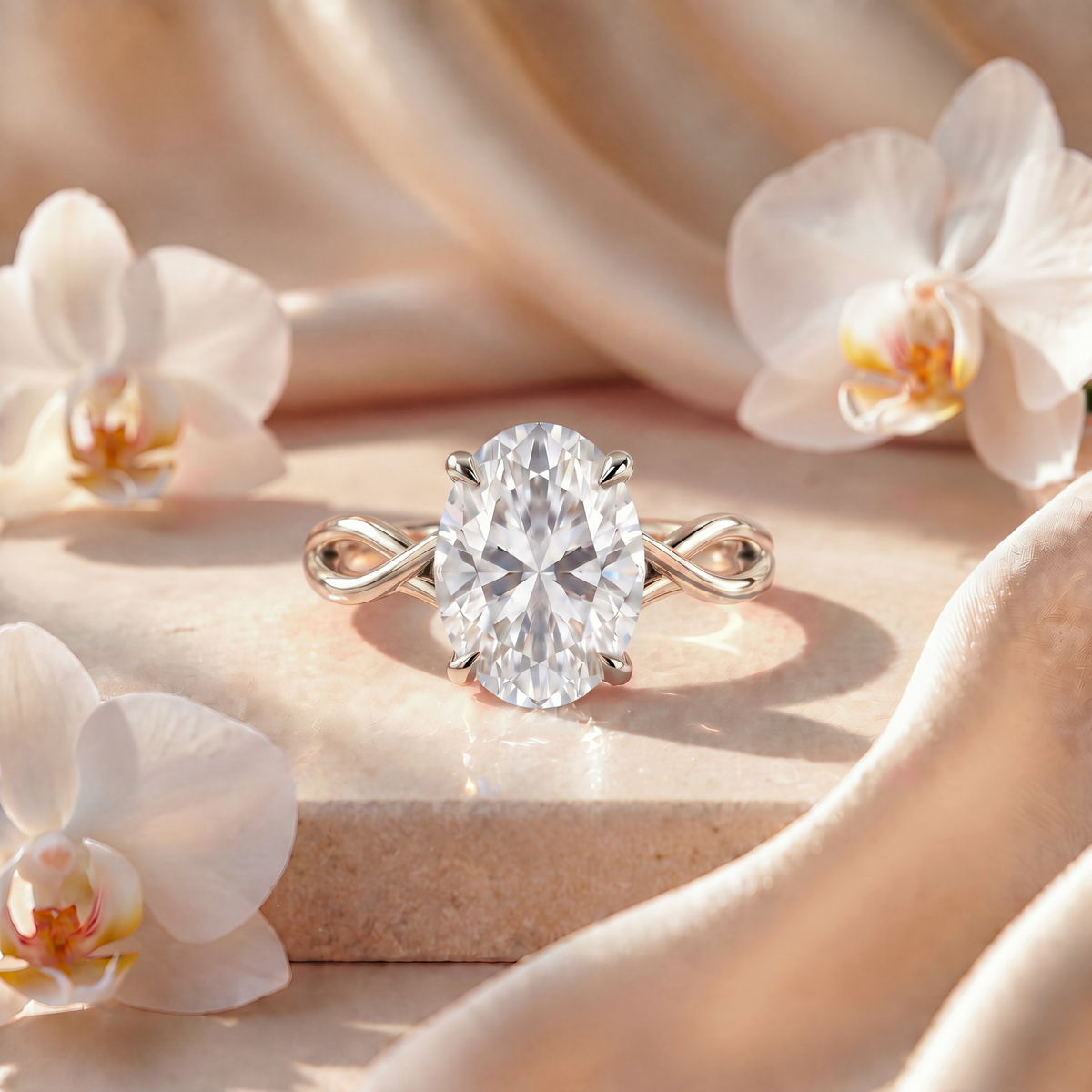 Front view of an oval cut moissanite engagement ring in white gold with a twisted infinity band.