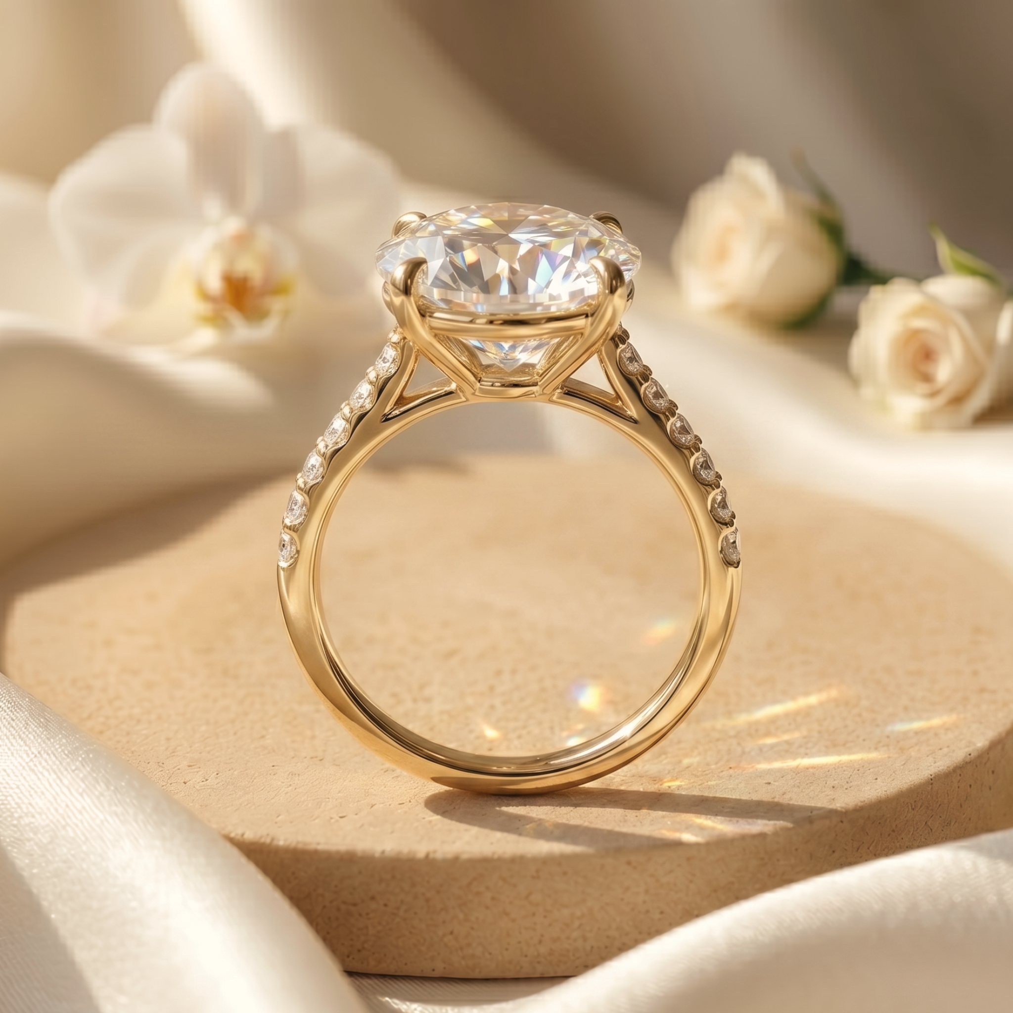 A side-profile view showcasing the intricate yellow gold setting of a round-cut moissanite engagement ring.