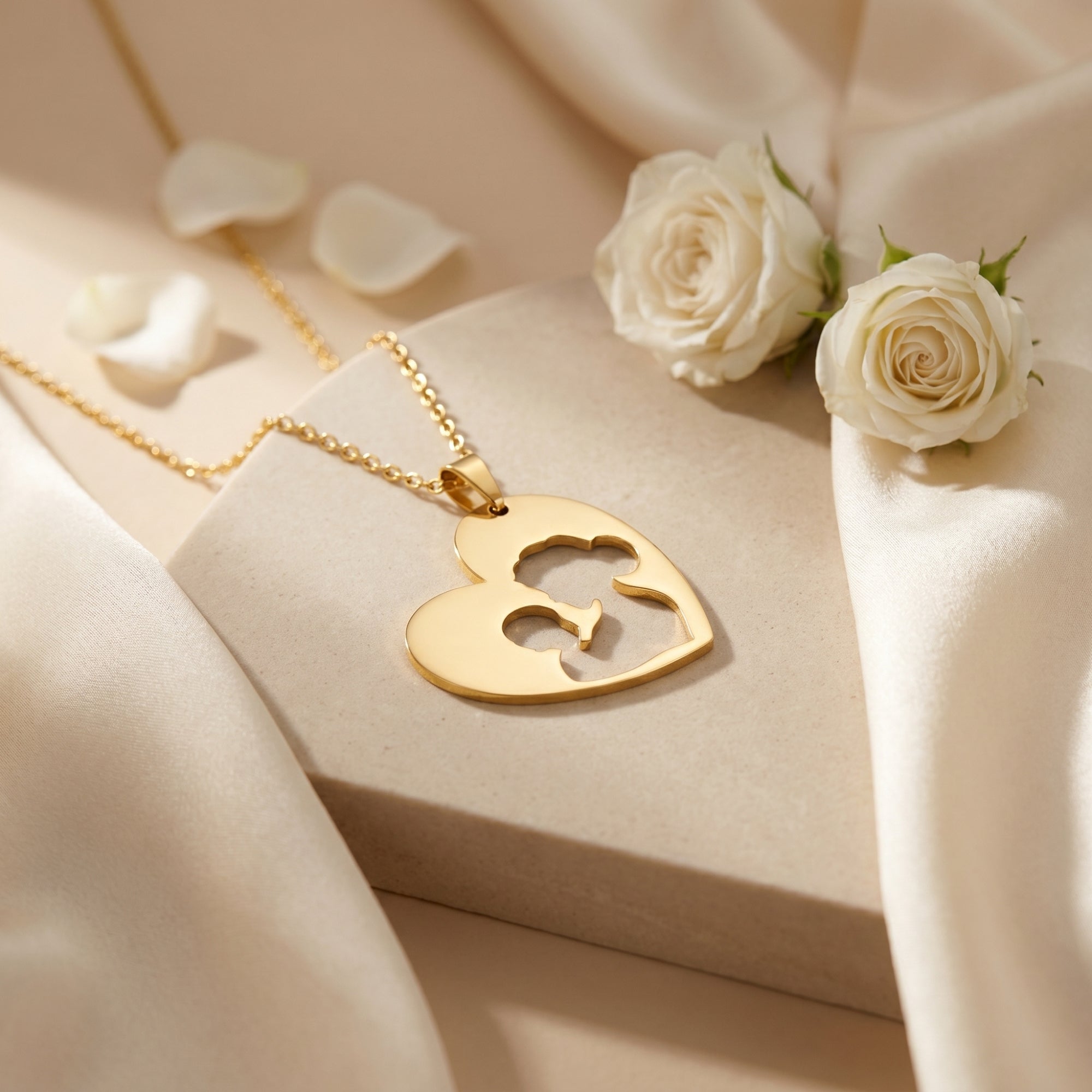 18K gold PVD stainless steel heart cutout necklace with white roses and silk.