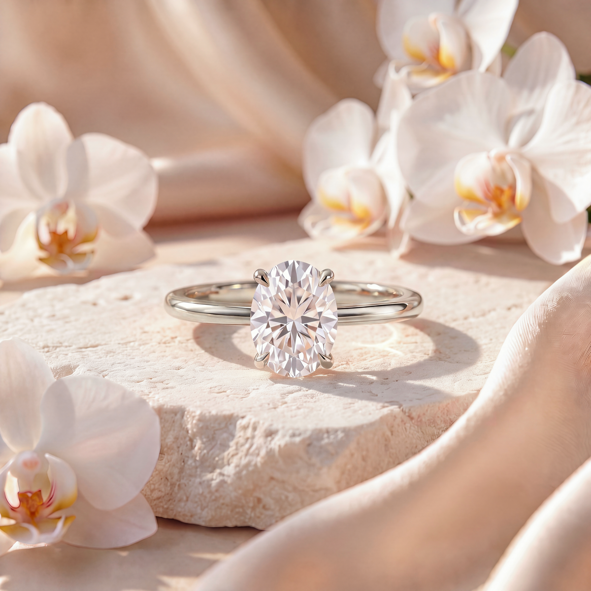 An oval moissanite solitaire engagement ring in white gold displayed on a stone surface with orchids.
