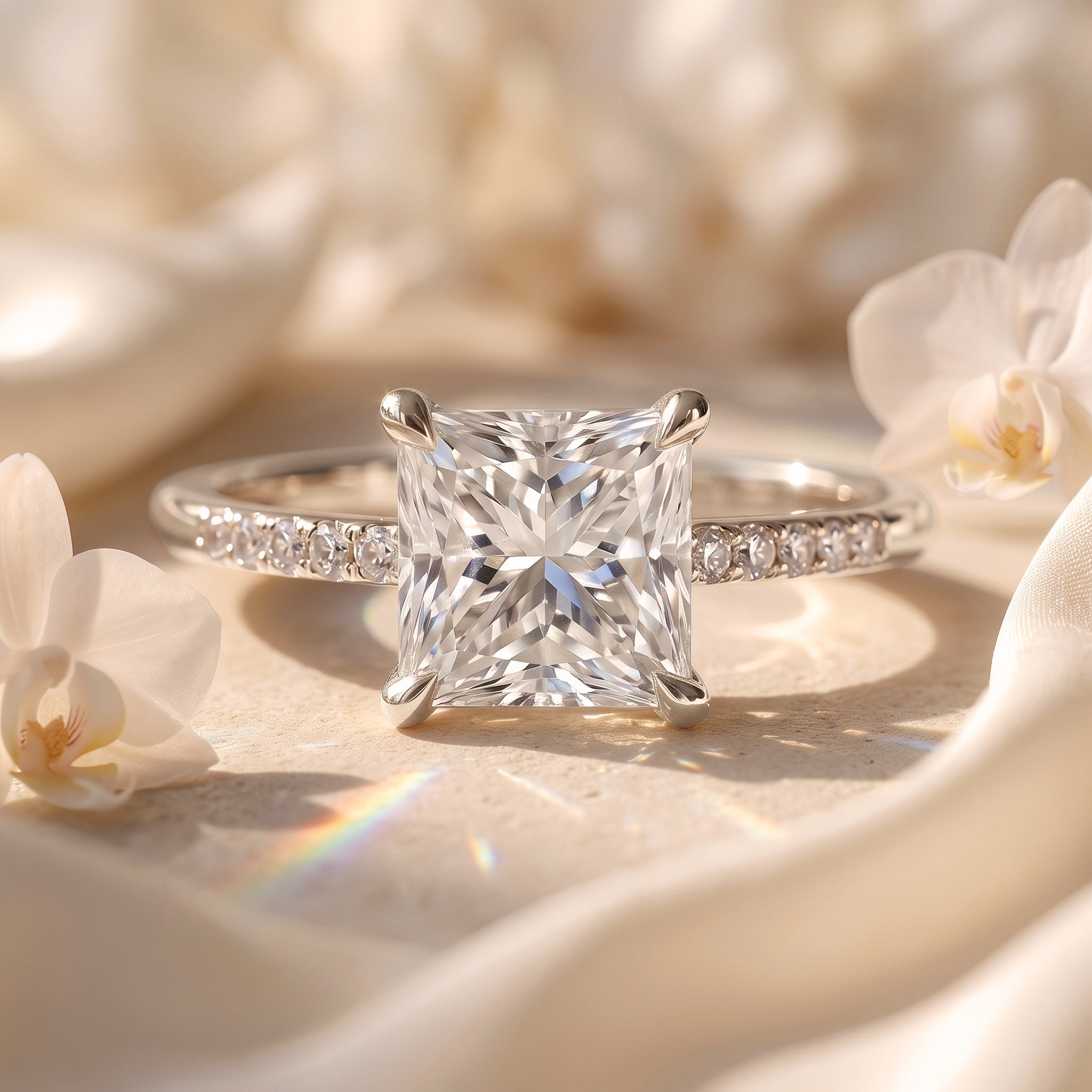 A princess-cut moissanite engagement ring with a white gold pavé band, displayed on a soft cream background with orchids.