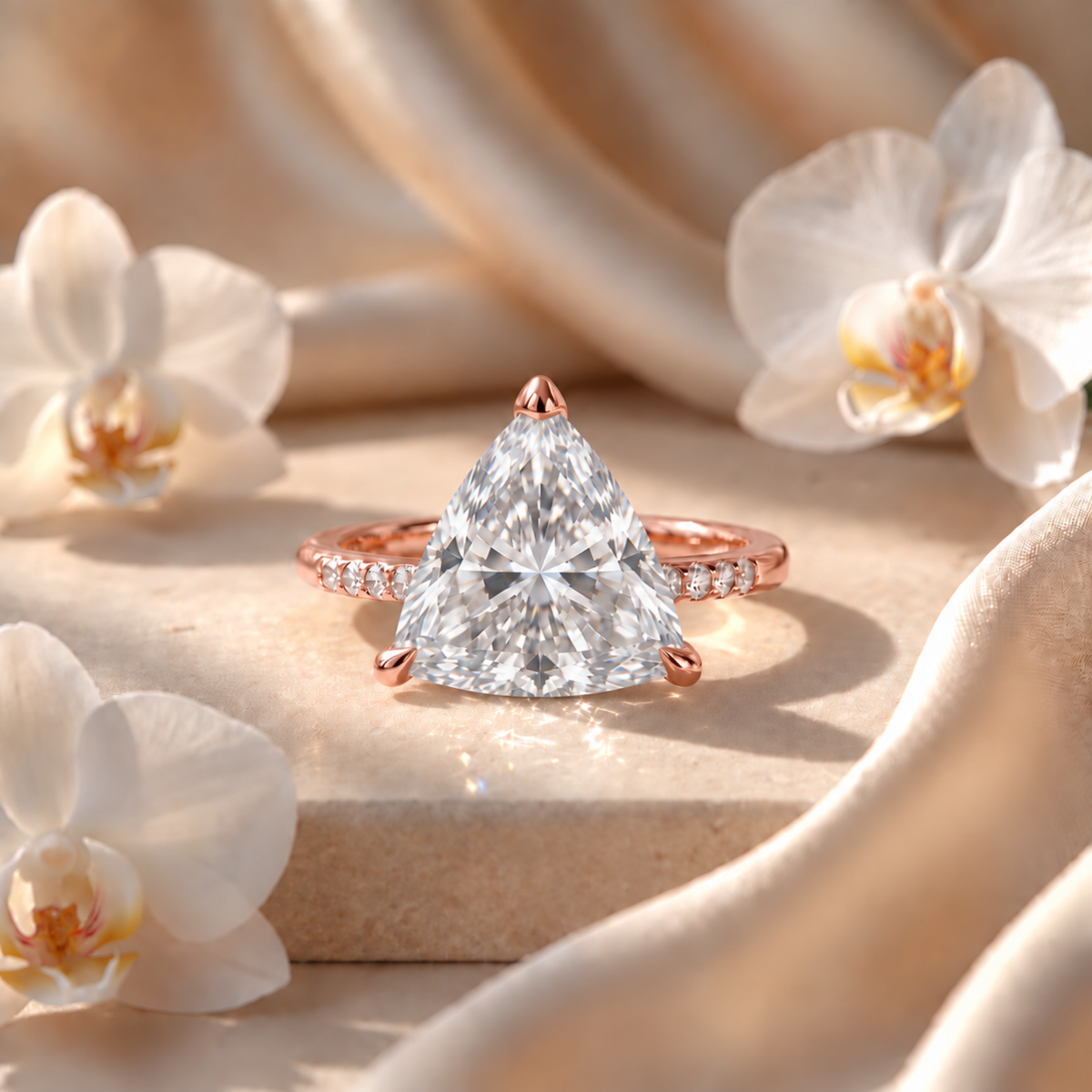 Front view of a rose gold trillion-cut moissanite engagement ring with a pavé band.