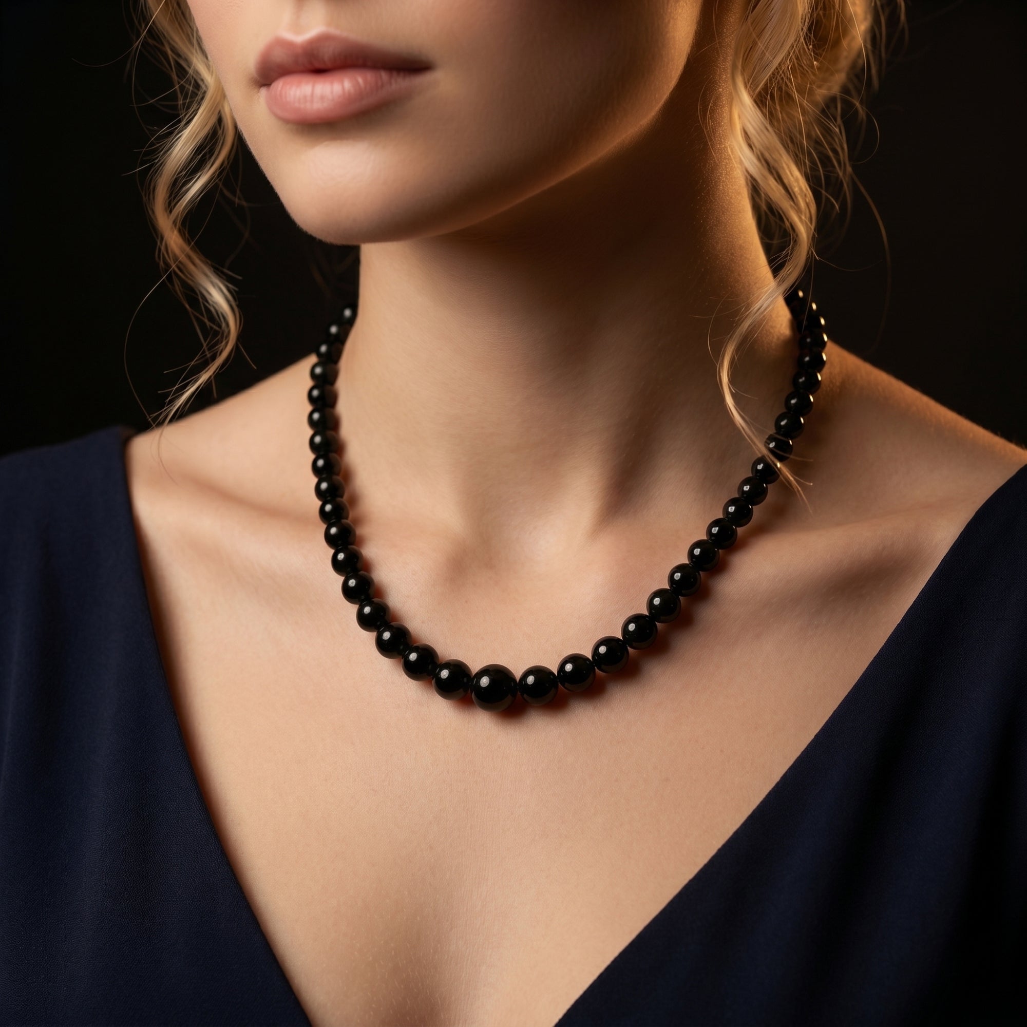 Close-up of a model wearing the graduated natural black onyx bead necklace with a dark top.