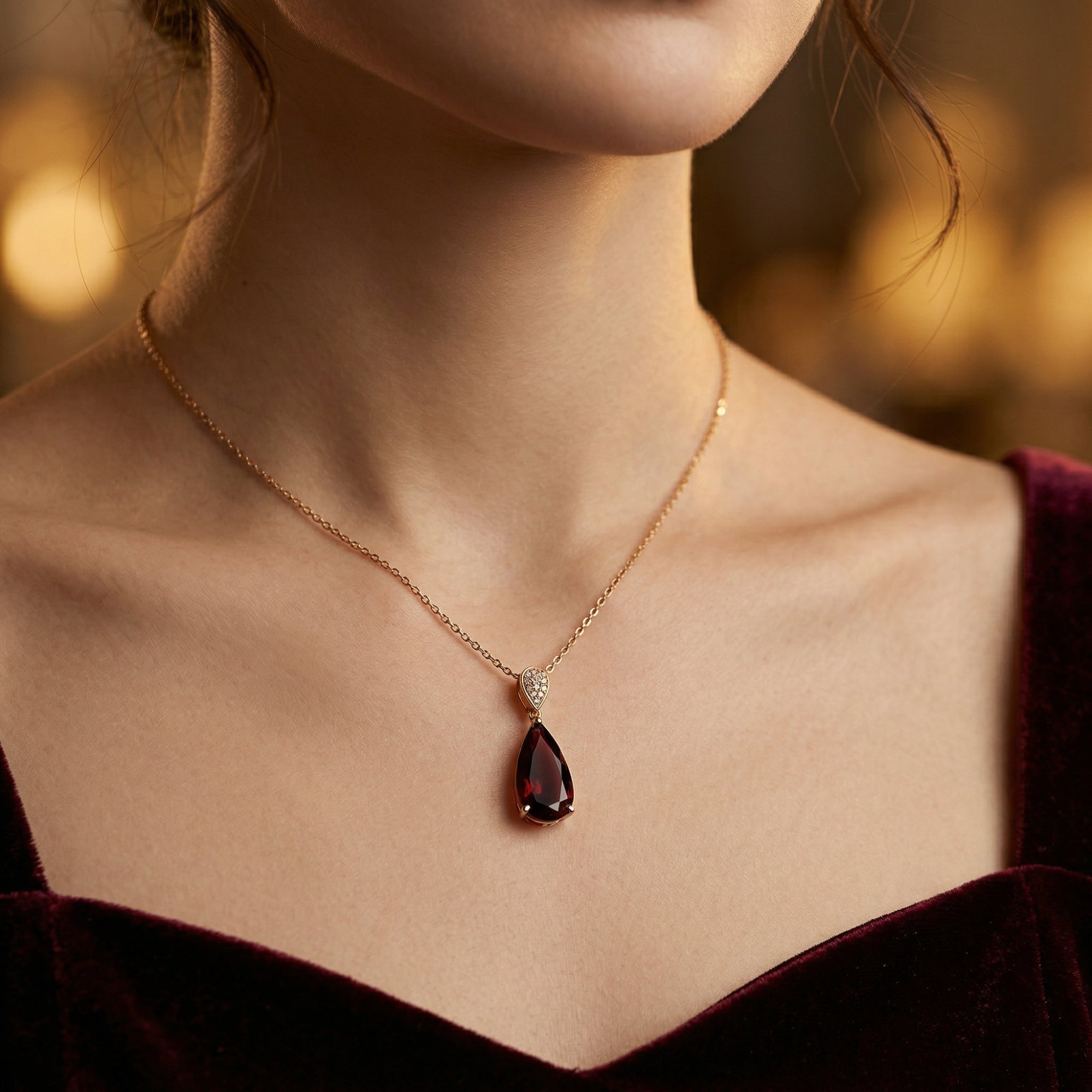 Front view of a model wearing the 18K rose gold Calista necklace featuring a large pear-shaped natural garnet.