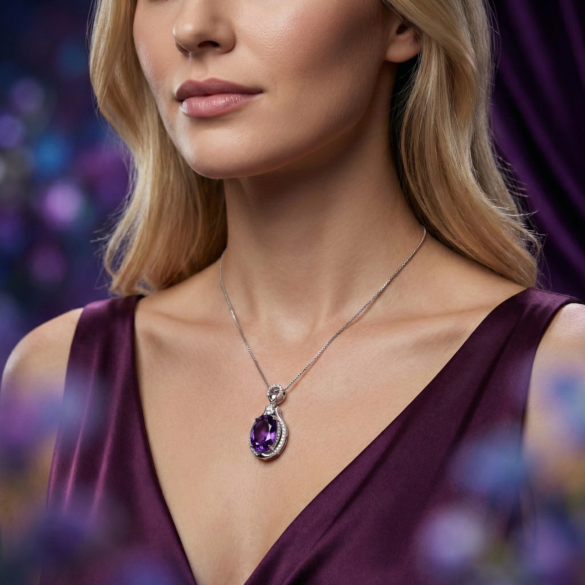 Model wearing the 13ct oval cut amethyst pendant in sterling silver with a purple V-neck dress.