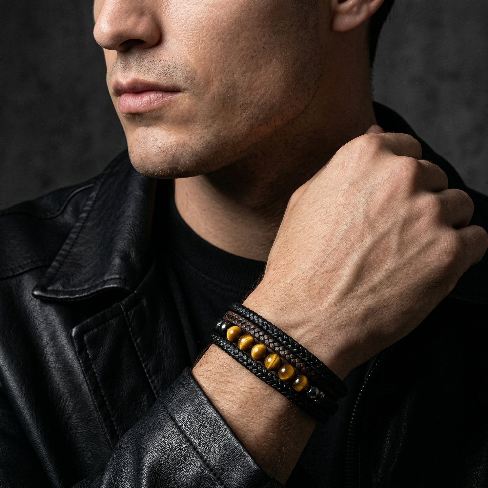 Men's black stainless steel and leather bracelet with round yellow tiger eye beads worn with a leather jacket.