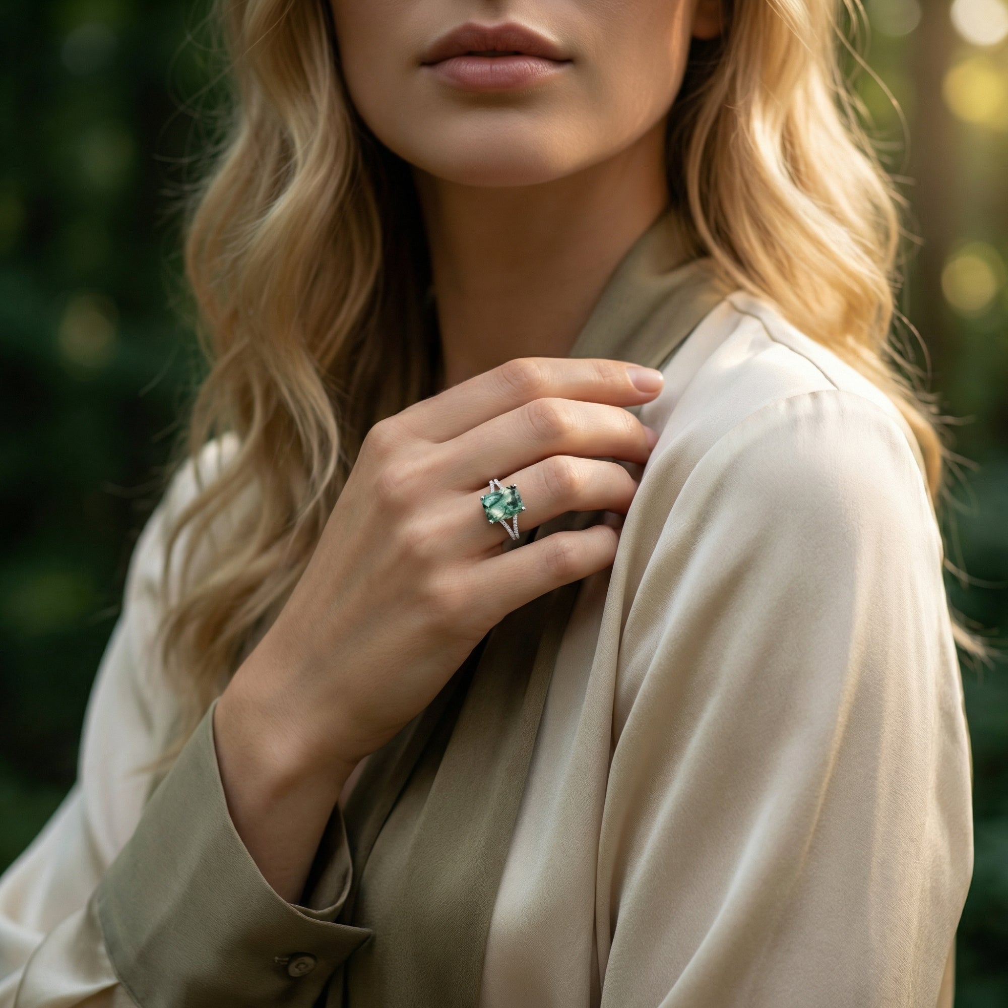 A woman wearing the cushion cut moss agate ring in sterling silver with diamond accents, styled with a silk blouse.