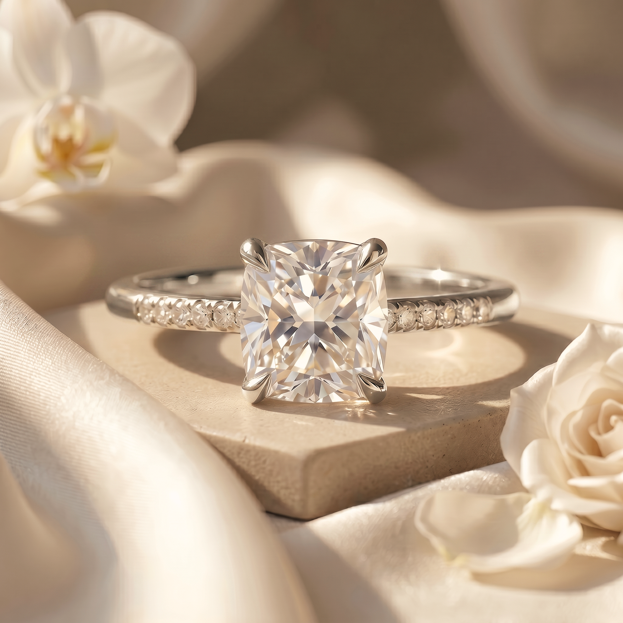 A cushion-cut moissanite engagement ring in white gold, styled on a stone pedestal with soft white fabrics and roses.