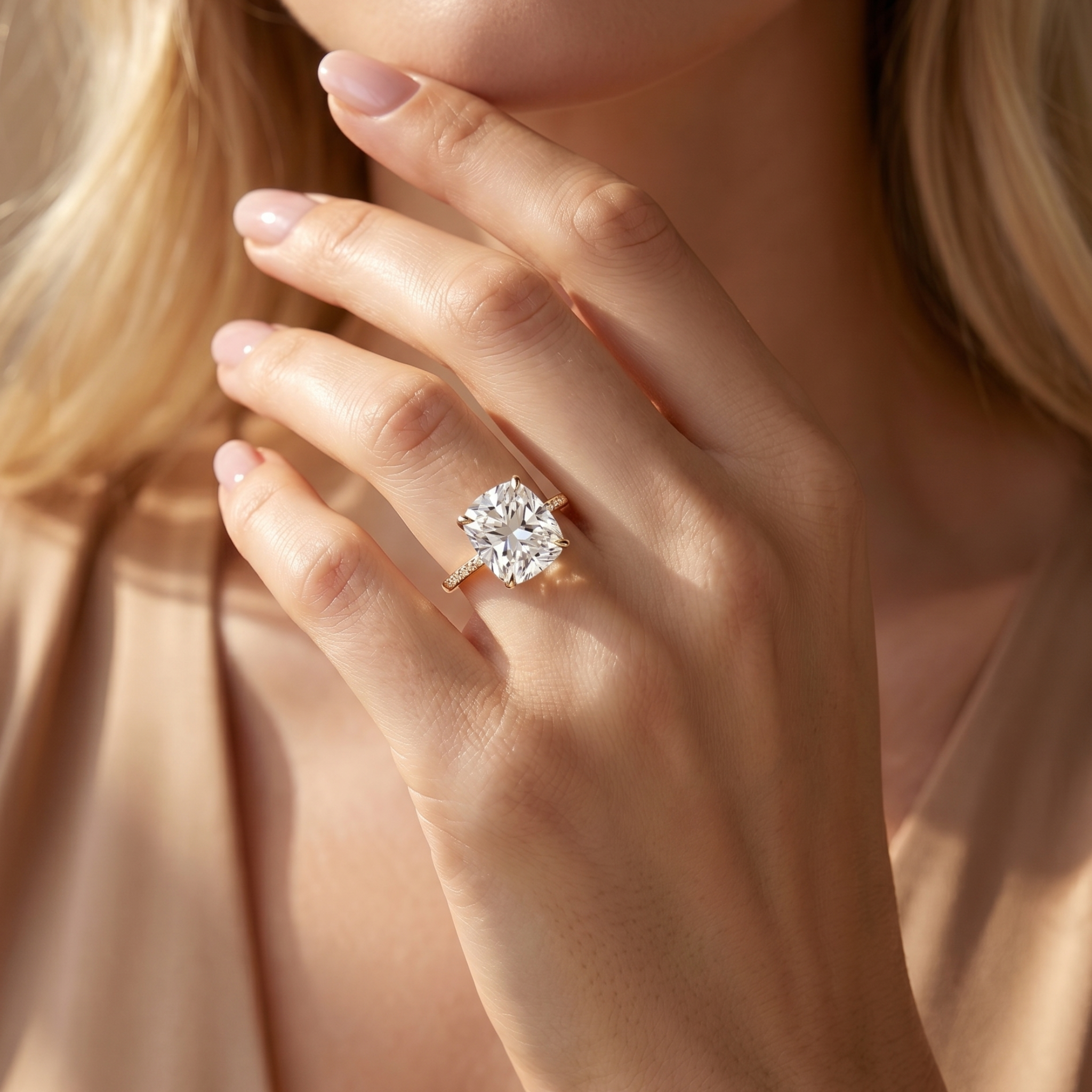 A close-up of a model wearing a cushion-cut moissanite engagement ring on a yellow gold band.