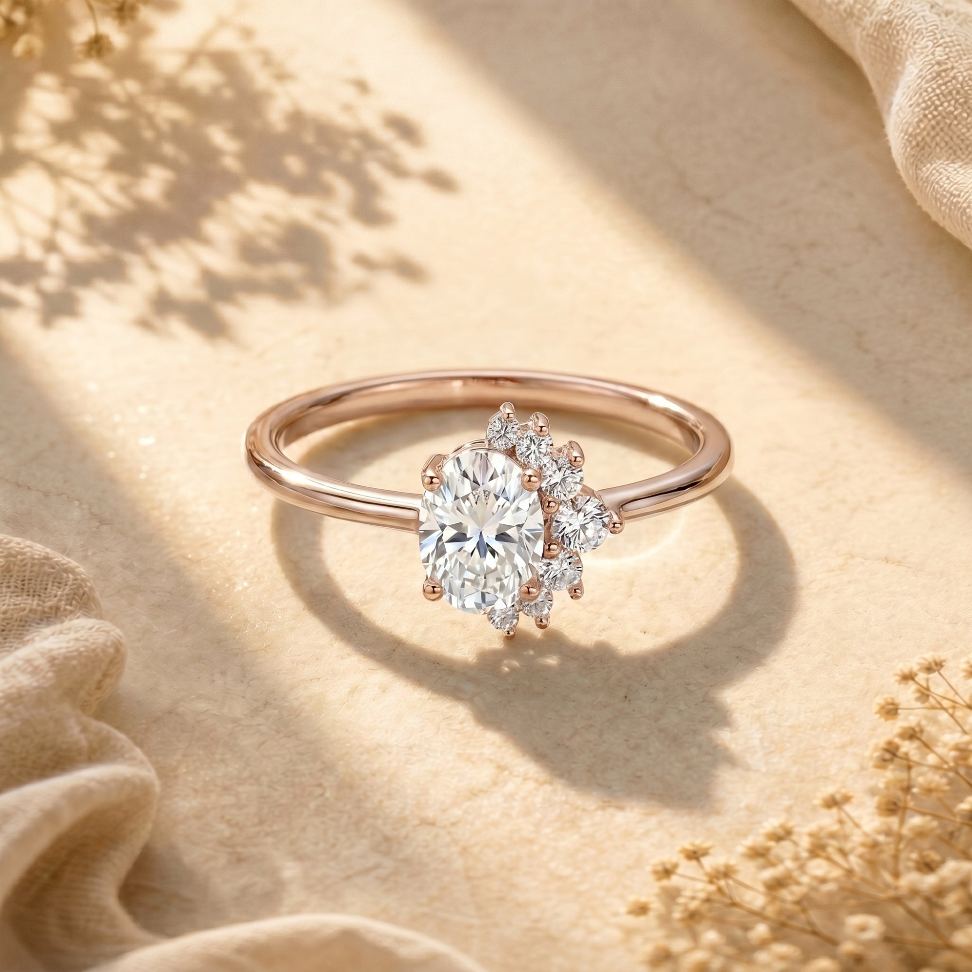Rose gold sterling silver promise ring featuring a 2CT oval moissanite in a warm lifestyle setting.