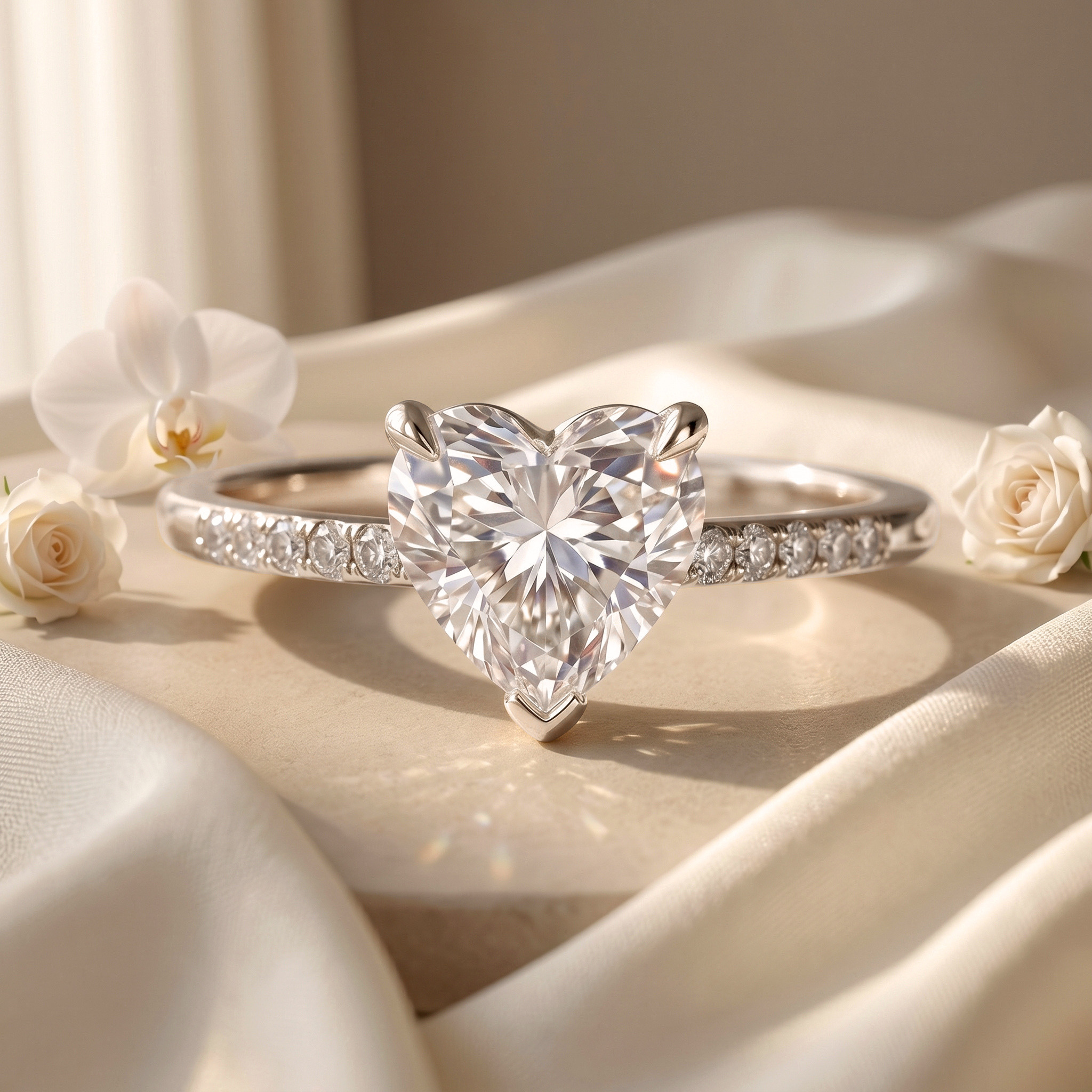 A front-facing flat lay of a heart-cut moissanite ring set in a sleek white gold band.