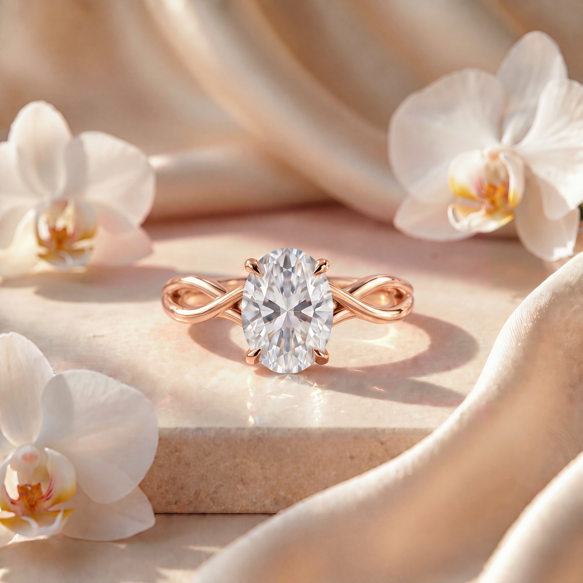 Front view of an oval moissanite engagement ring with a twisted rose gold band set on marble with silk.