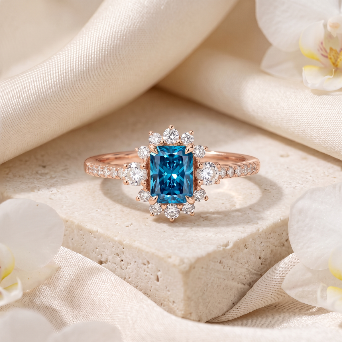 Front pack shot of rose gold radiant-cut blue moissanite halo engagement ring on limestone display.