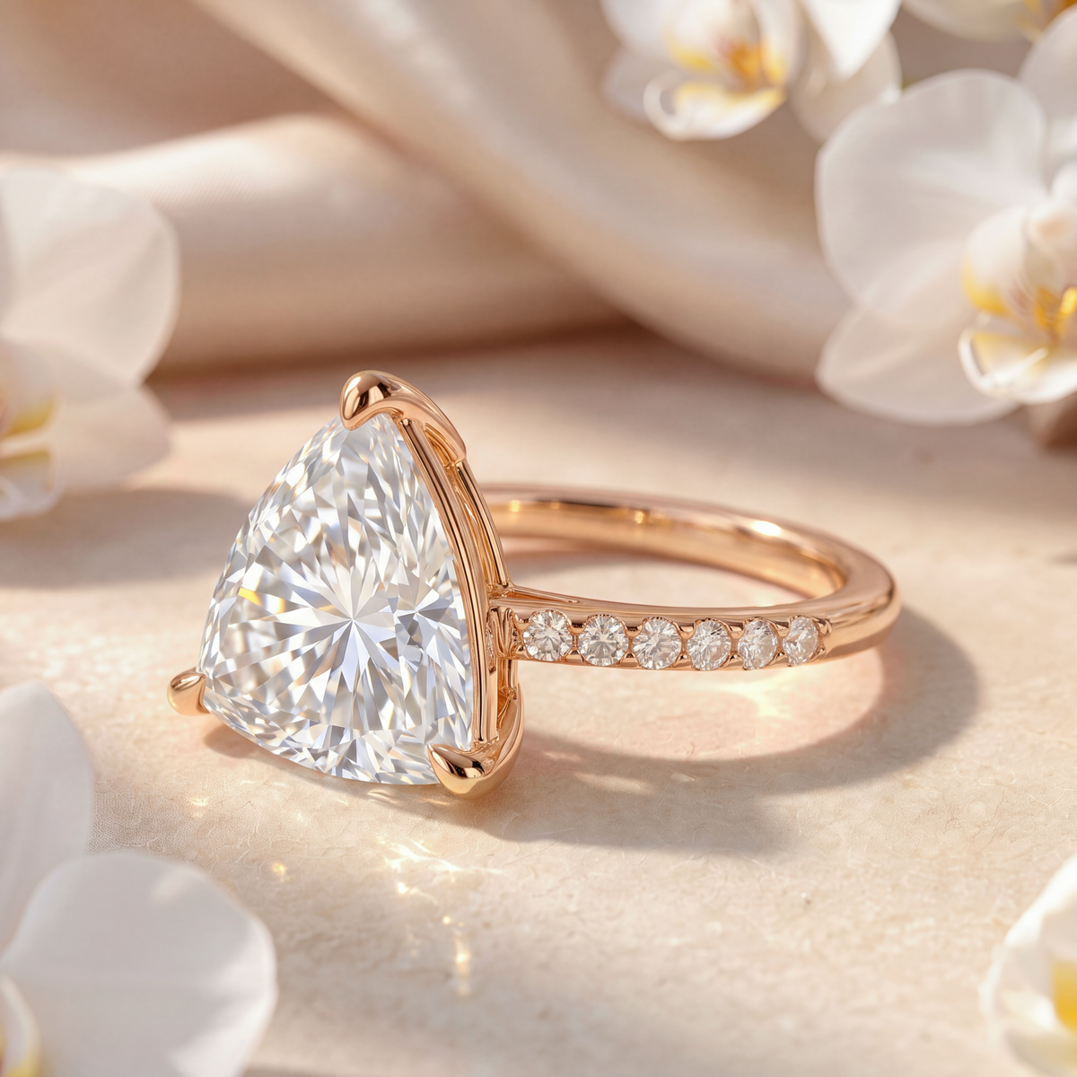 Side view detail of a rose gold trillion-cut moissanite ring featuring a pavé accented band.
