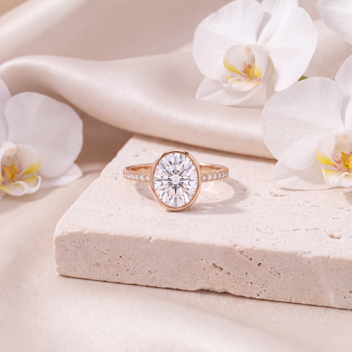 Rose gold bezel-set oval moissanite engagement ring with a pavé band.