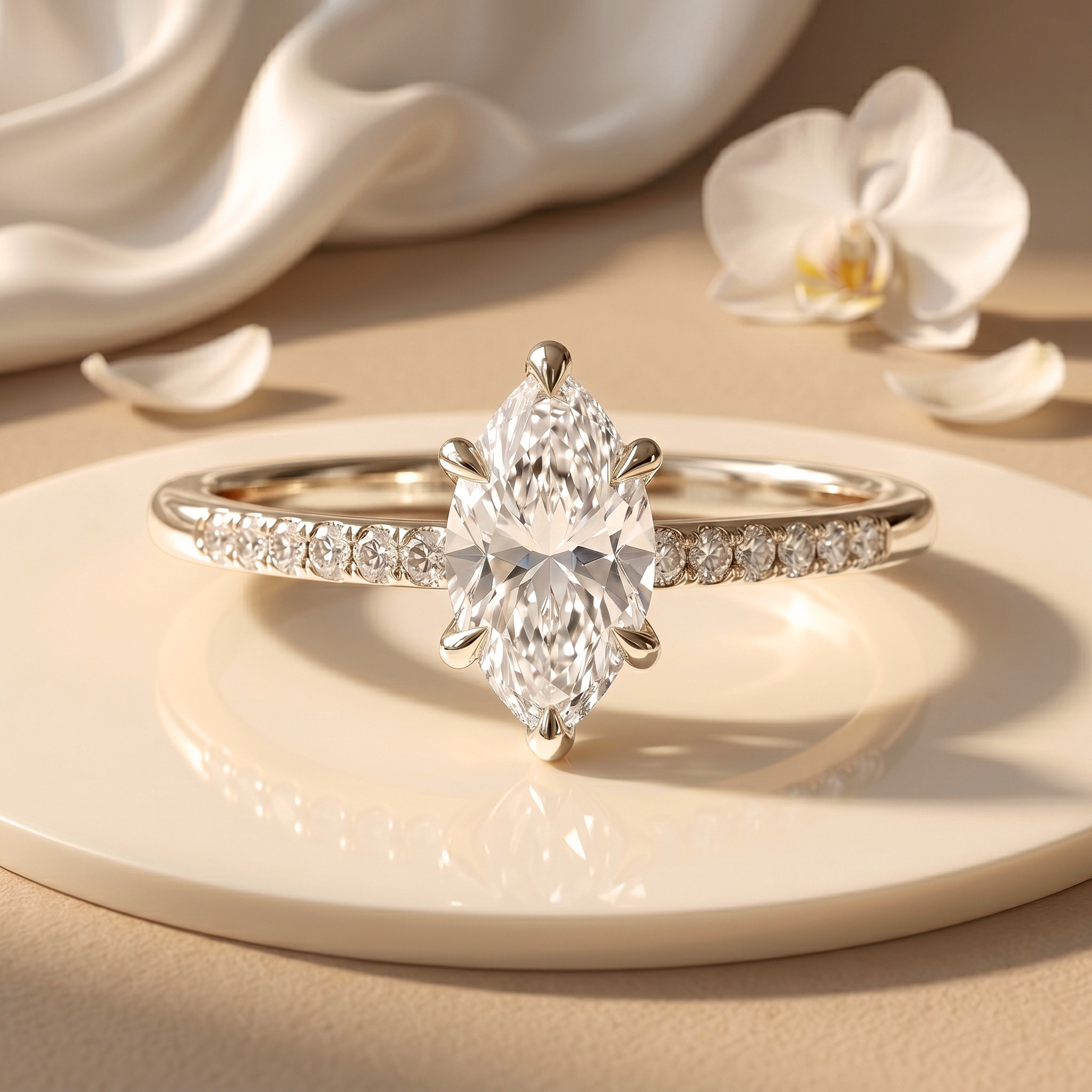 An elegant white gold engagement ring displaying a sparkling marquise-cut moissanite with a diamond band.