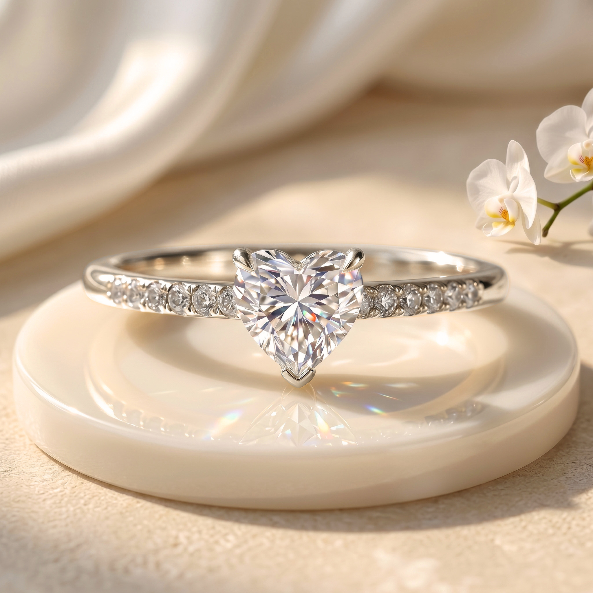 A white gold engagement ring featuring a heart-cut moissanite center stone and a sparkling pavé diamond band on a white stand.