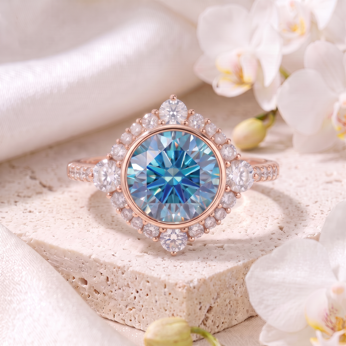 Front view of a rose gold blue moissanite halo ring displaying a vivid blue center stone surrounded by a diamond halo.